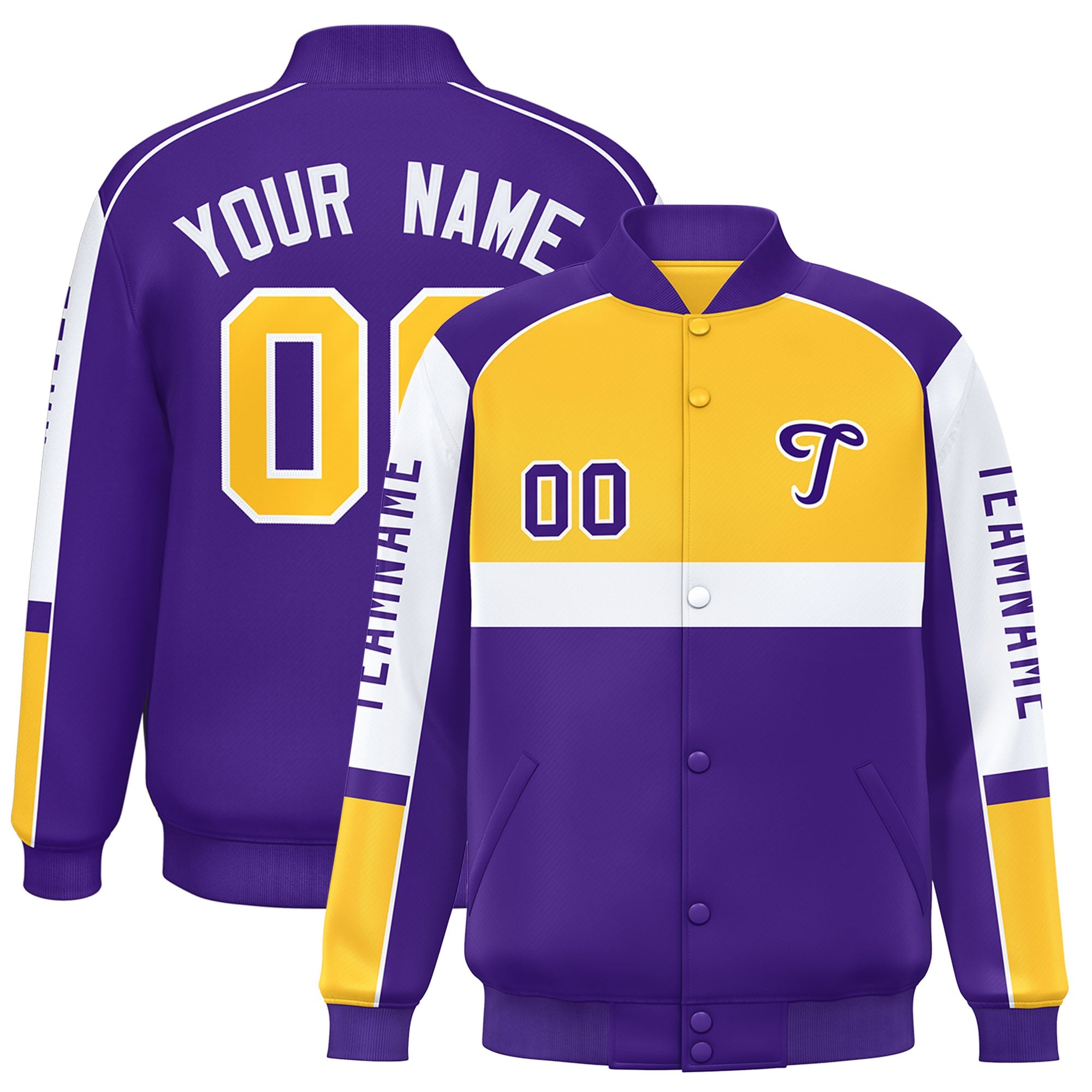 Custom Yellow Purple Varsity Full-Snap Raglan Sleeves Letterman Jacket