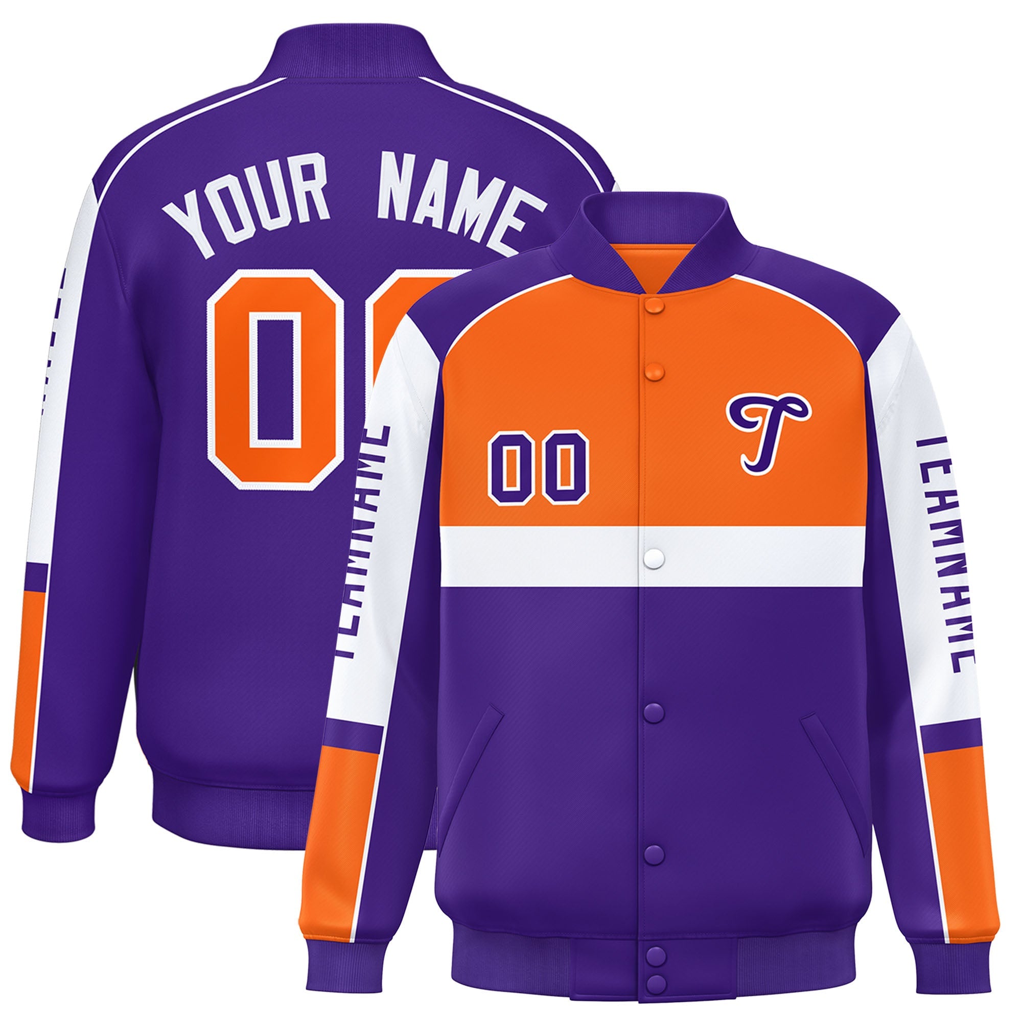 Custom Orange Purple Varsity Full-Snap Raglan Sleeves Letterman Jacket