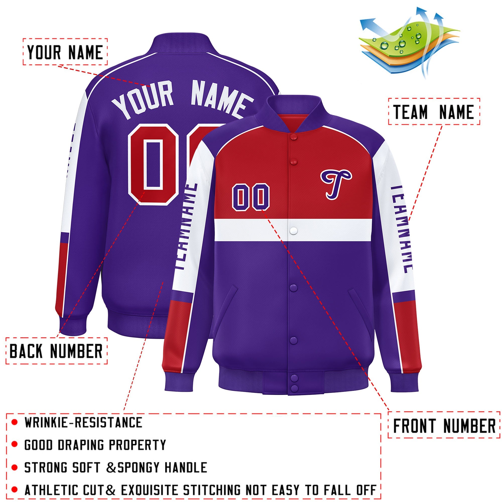 Custom Red Purple Varsity Full-Snap Raglan Sleeves Letterman Jacket