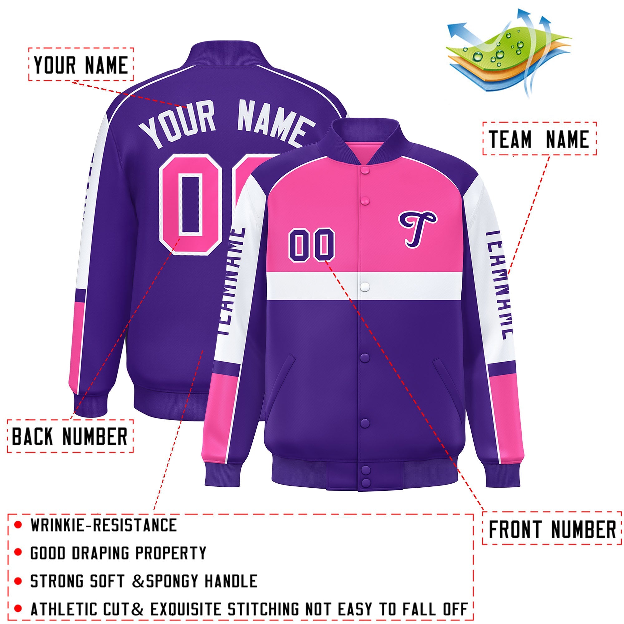 Custom Pink Purple Varsity Full-Snap Raglan Sleeves Letterman Jacket