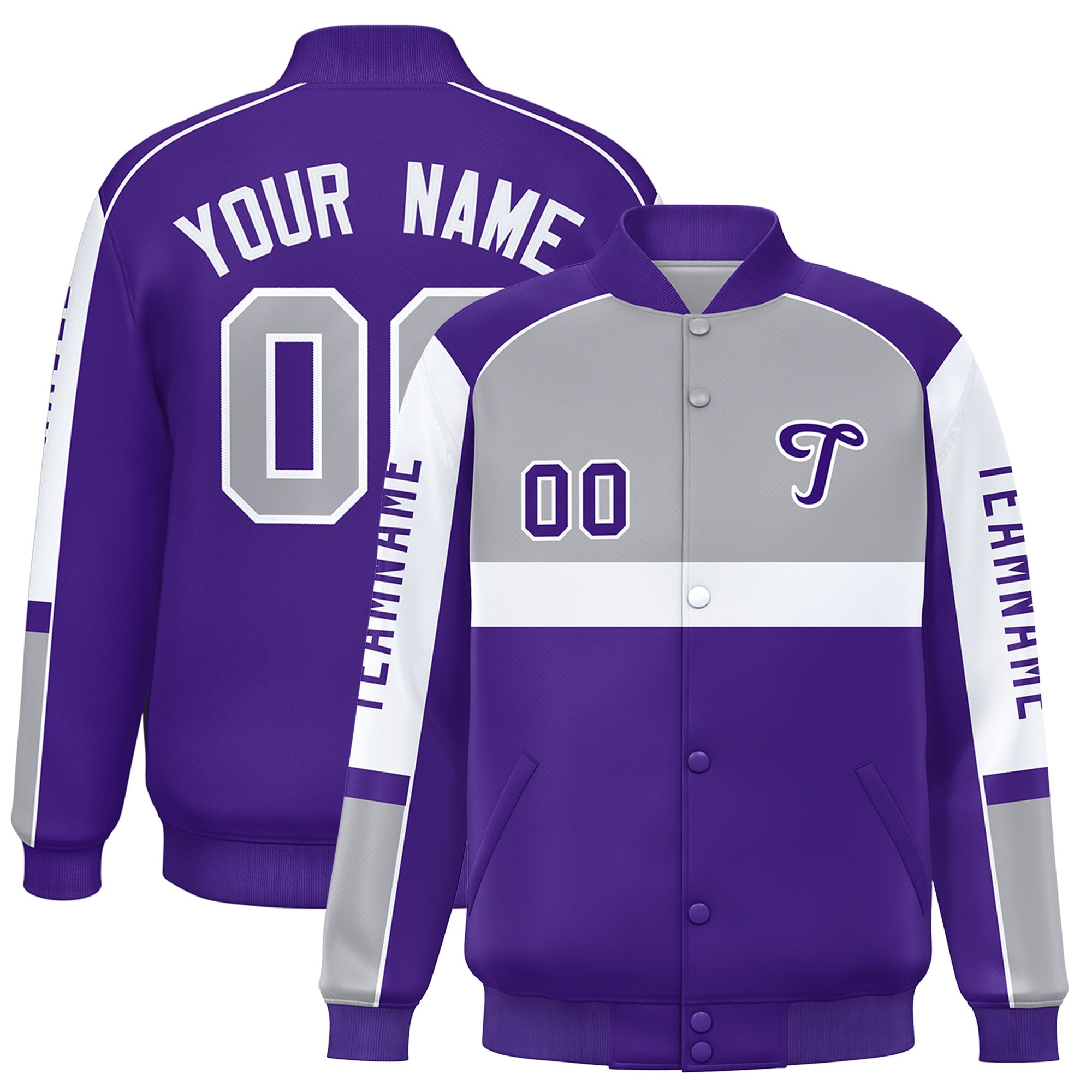 Custom Gray Purple Varsity Full-Snap Raglan Sleeves Letterman Jacket