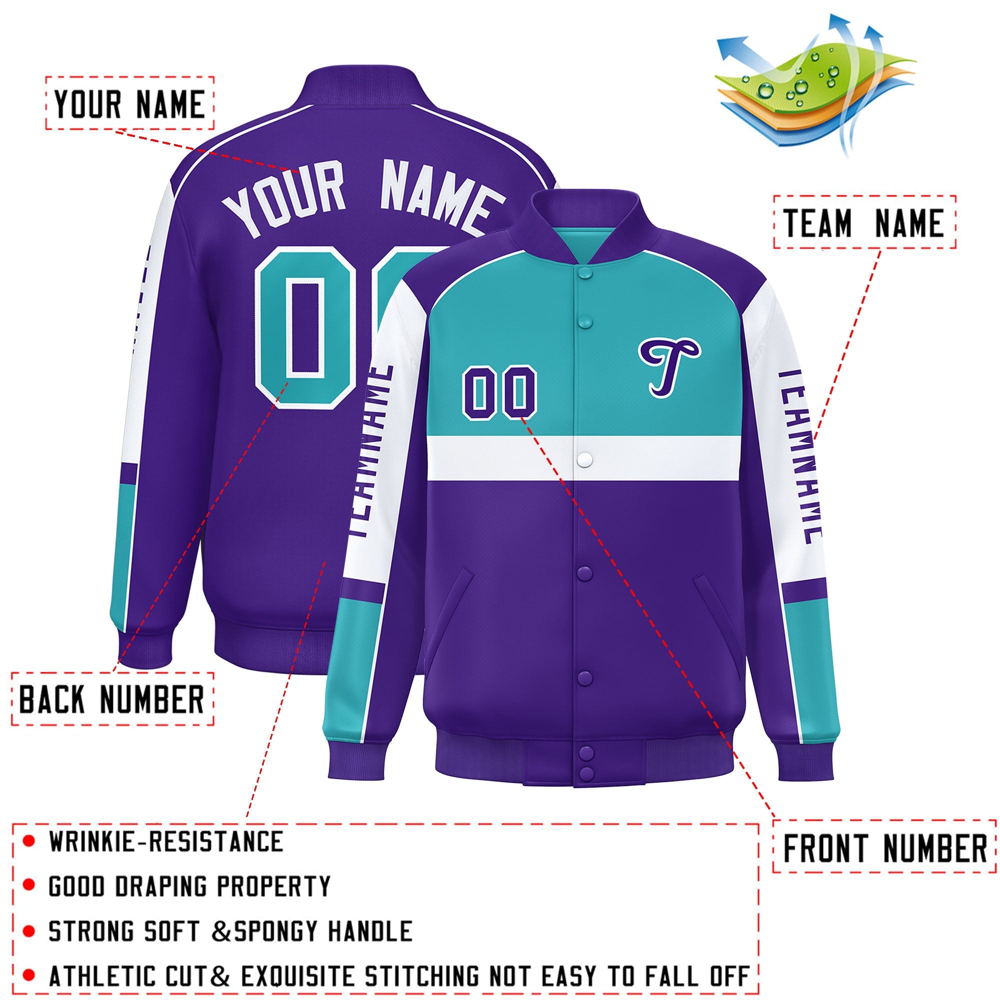 Custom Aqua Purple Varsity Full-Snap Raglan Sleeves Letterman Jacket