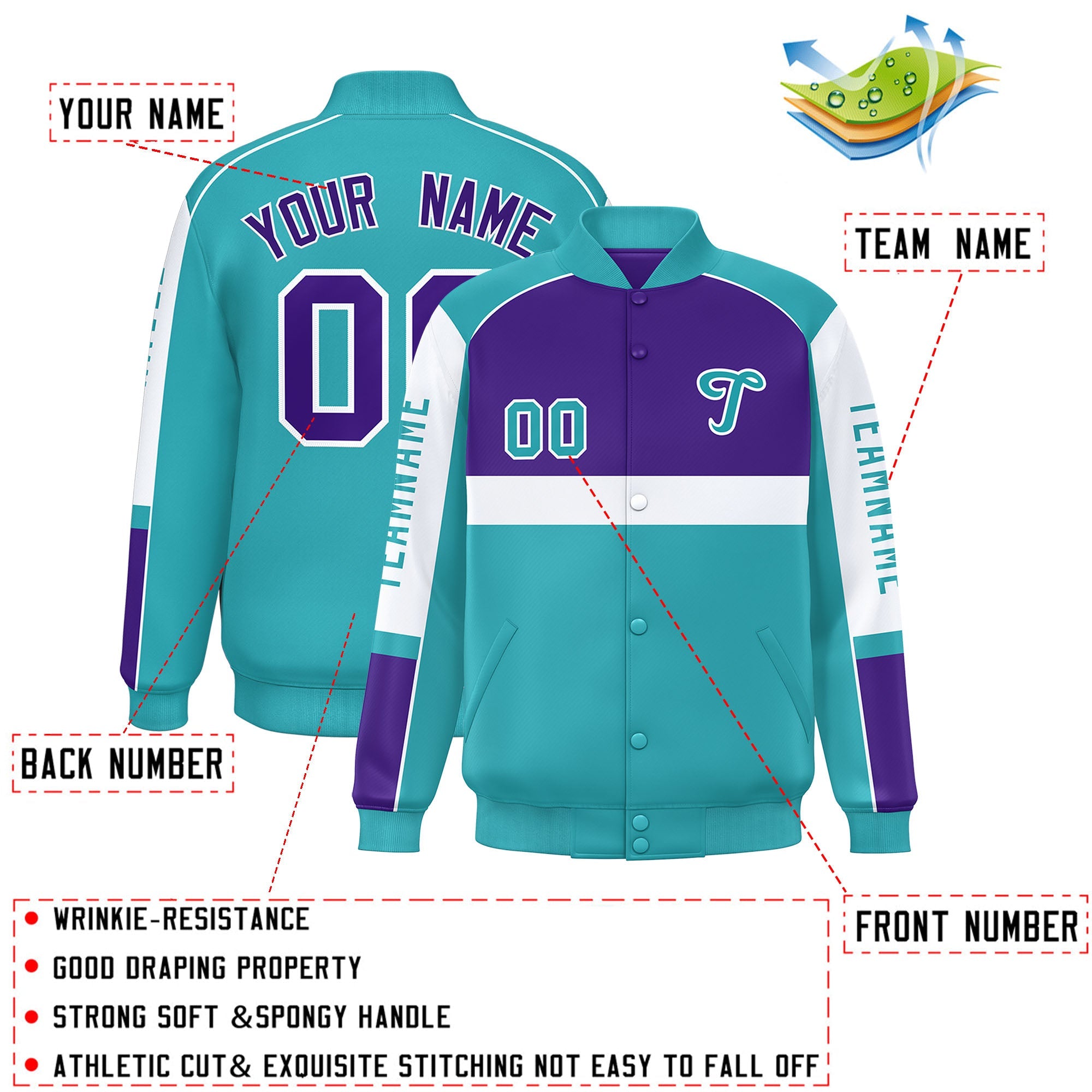 Custom Purple Aqua Varsity Full-Snap Raglan Sleeves Letterman Jacket