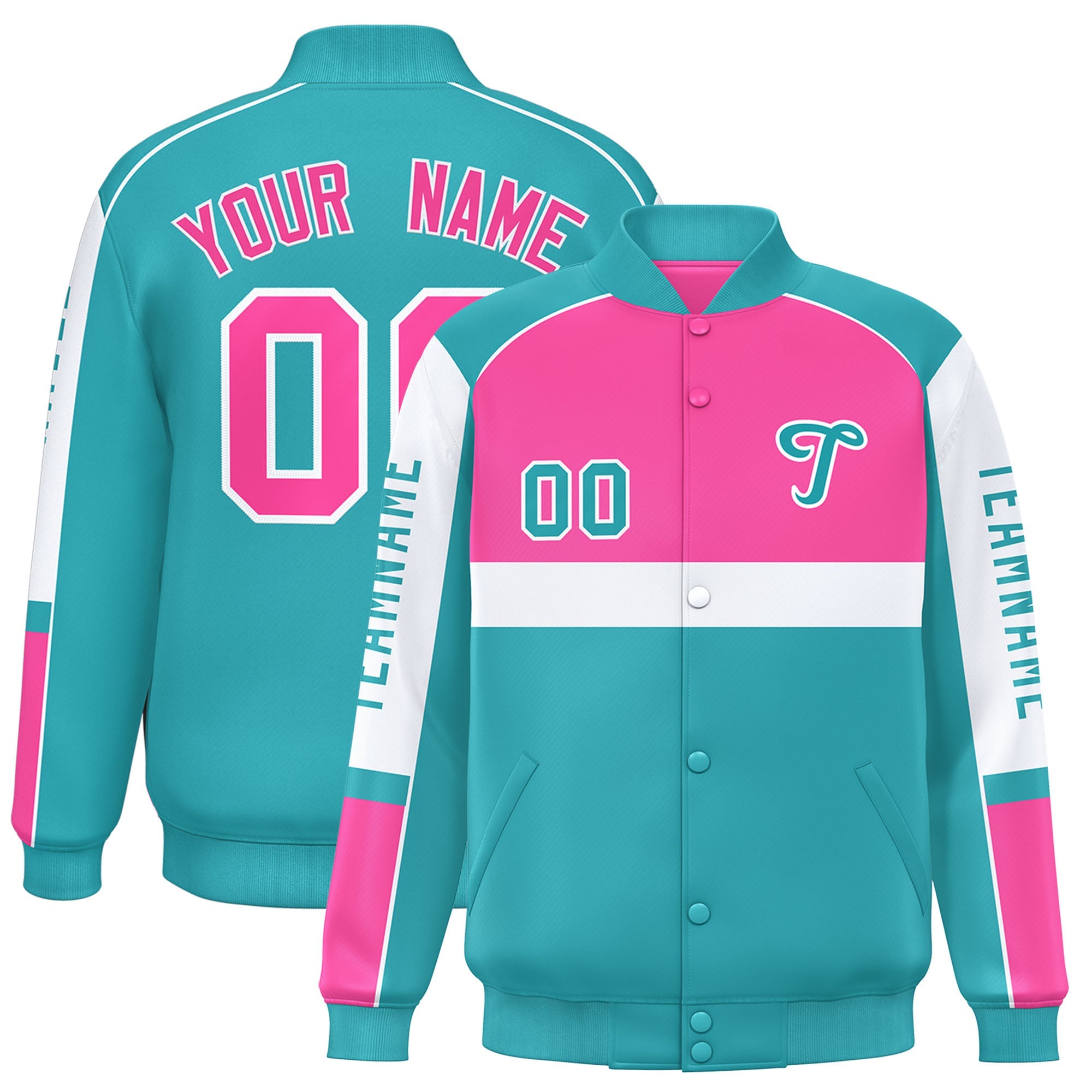 Custom Pink Aqua Varsity Full-Snap Raglan Sleeves Letterman Jacket