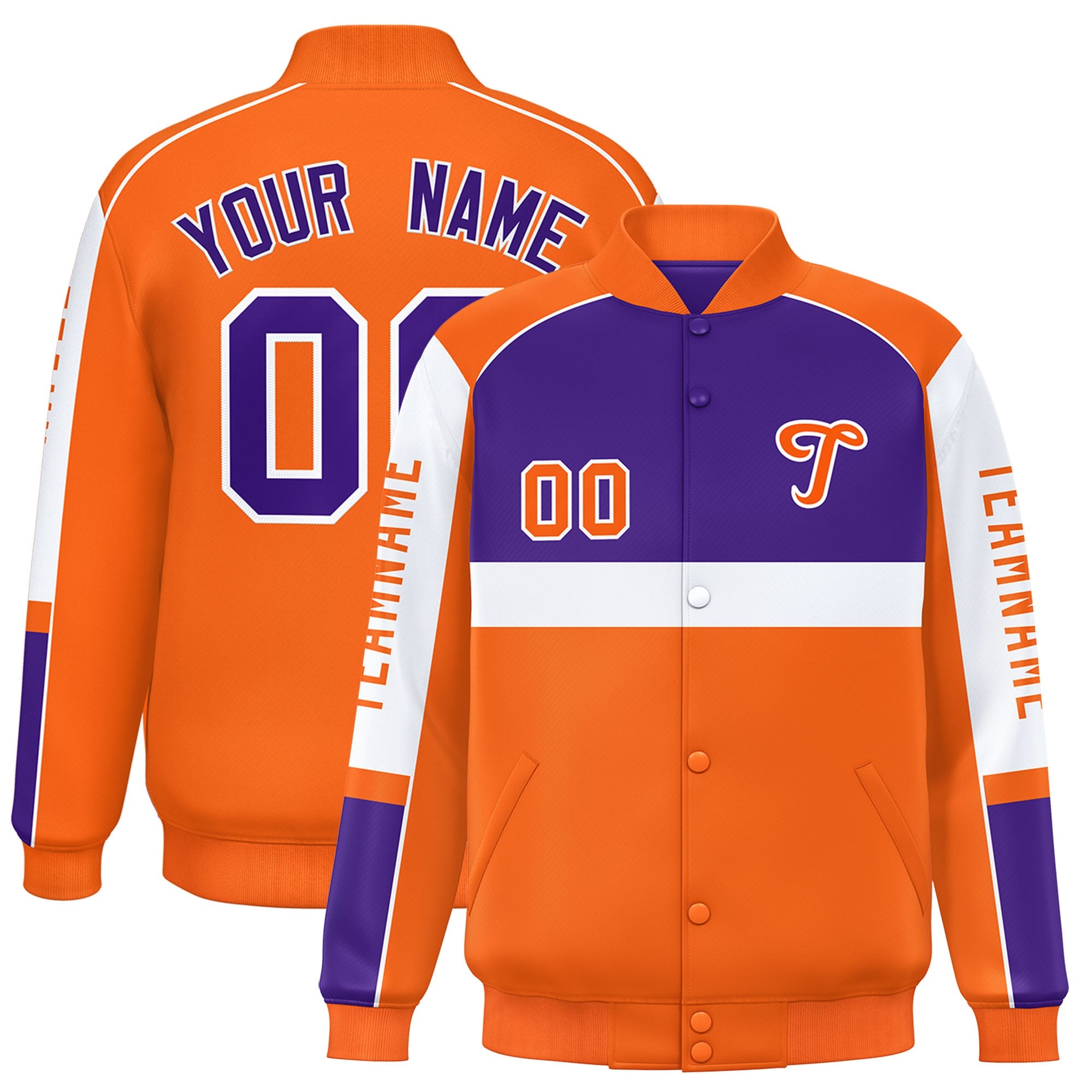 Custom Purple Orange Varsity Full-Snap Raglan Sleeves Letterman Jacket