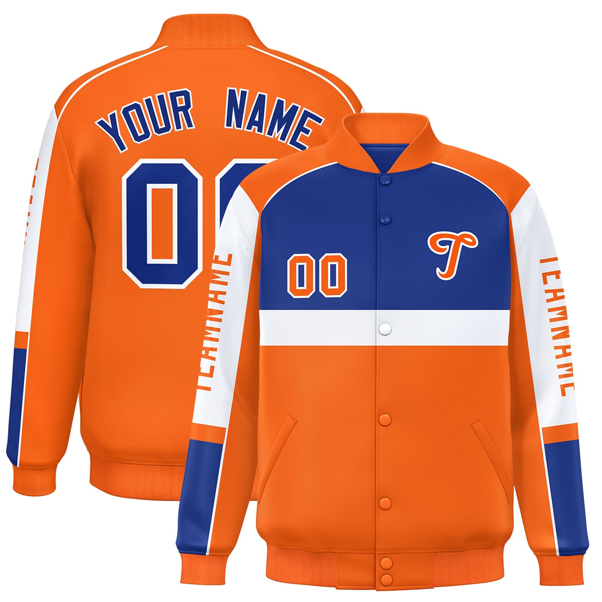 Custom Royal Orange Varsity Full-Snap Raglan Sleeves Letterman Jacket