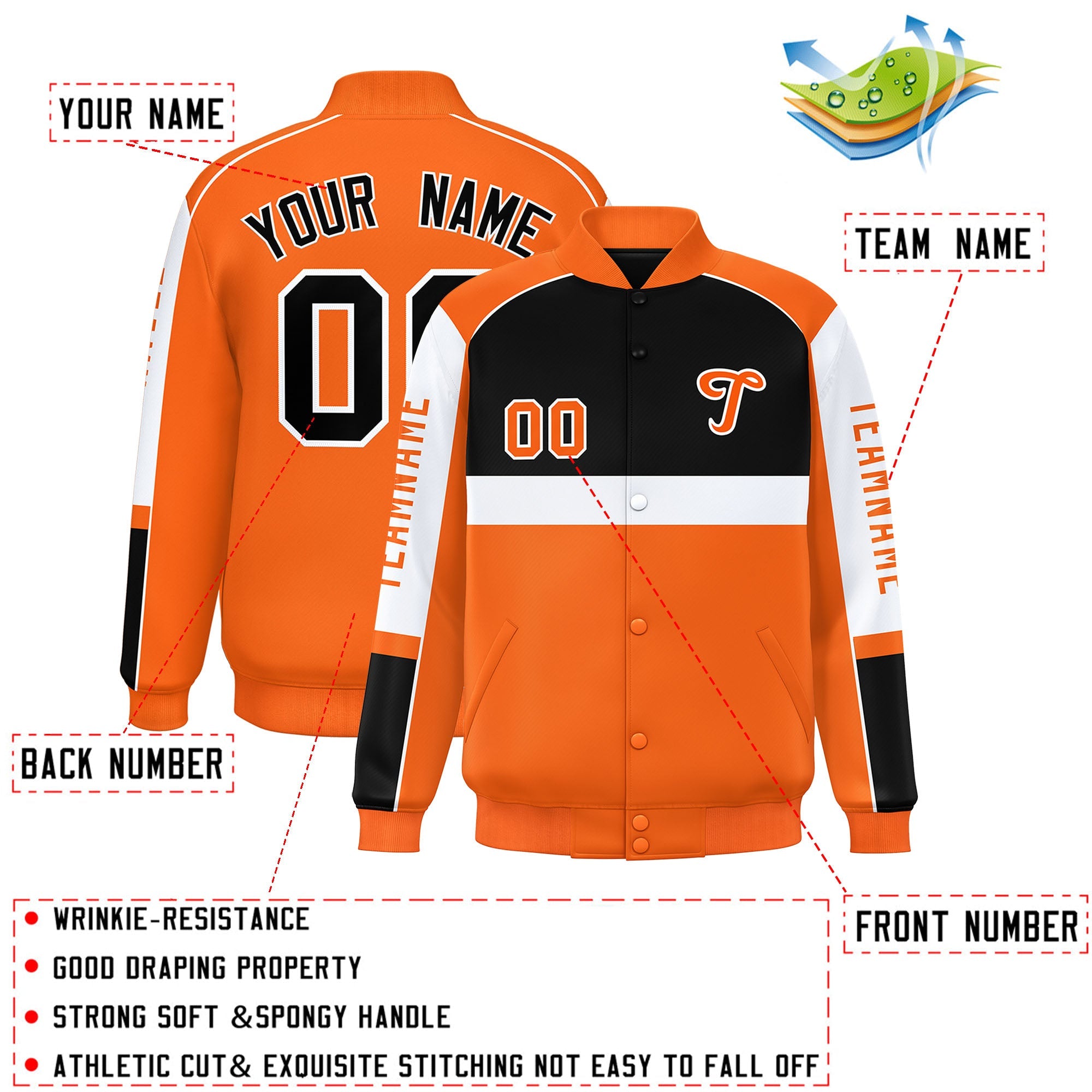 Custom Black Orange Varsity Full-Snap Raglan Sleeves Letterman Jacket