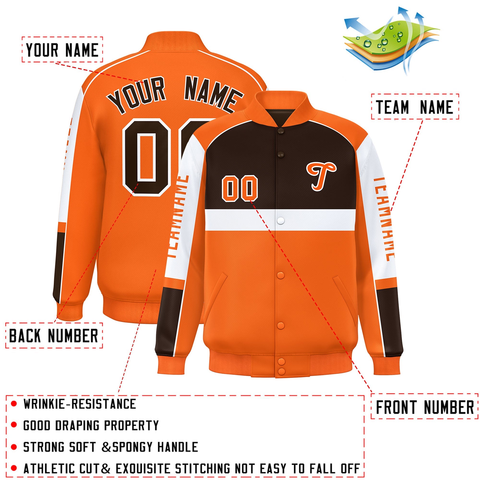 Custom Brown Orange Varsity Full-Snap Raglan Sleeves Letterman Jacket