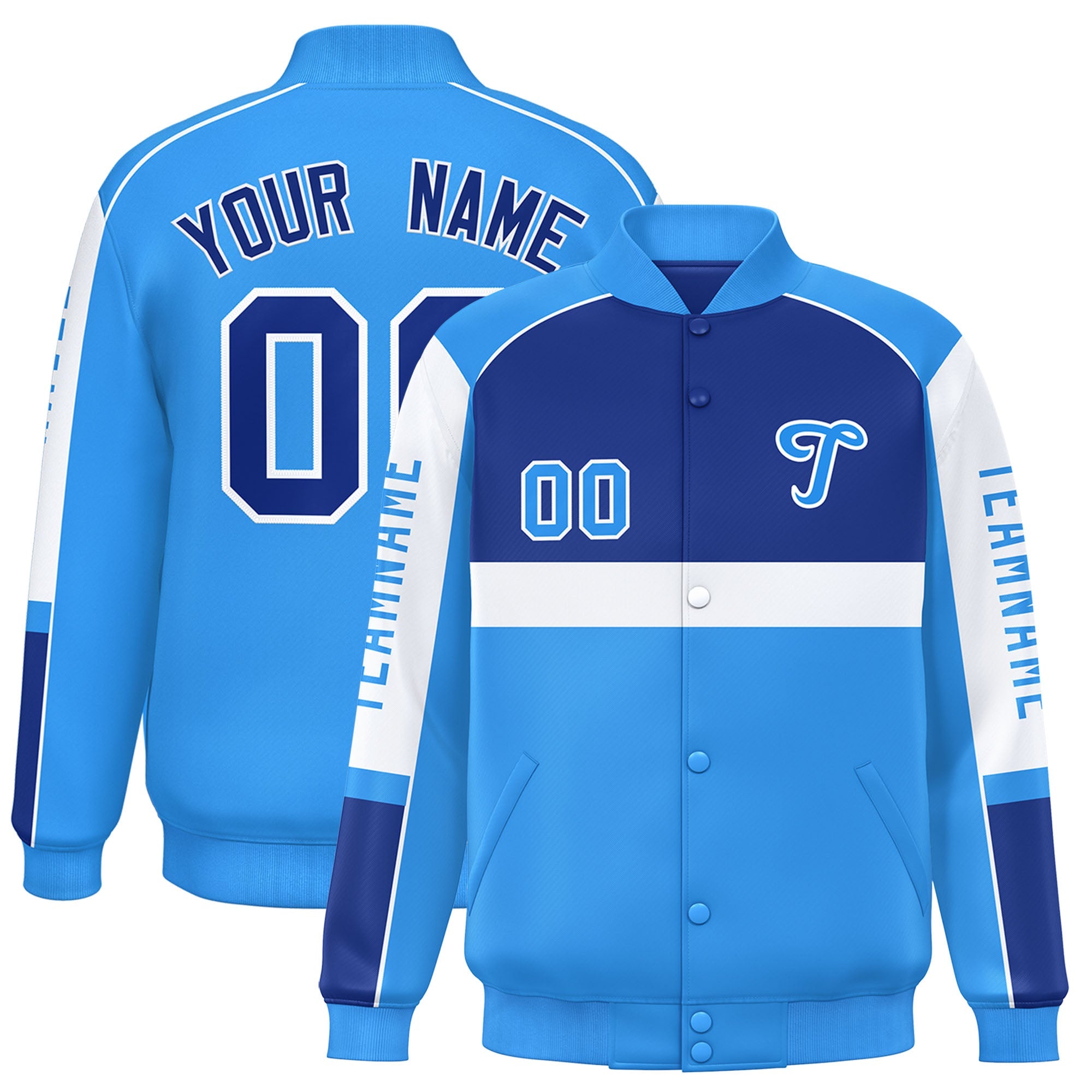 Custom Royal Powder Blue Varsity Full-Snap Raglan Sleeves Letterman Jacket