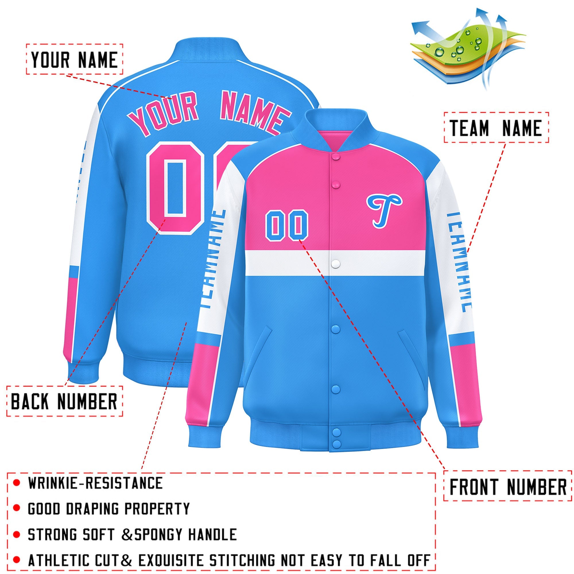 Custom Pink Powder Blue Varsity Full-Snap Raglan Sleeves Letterman Jacket