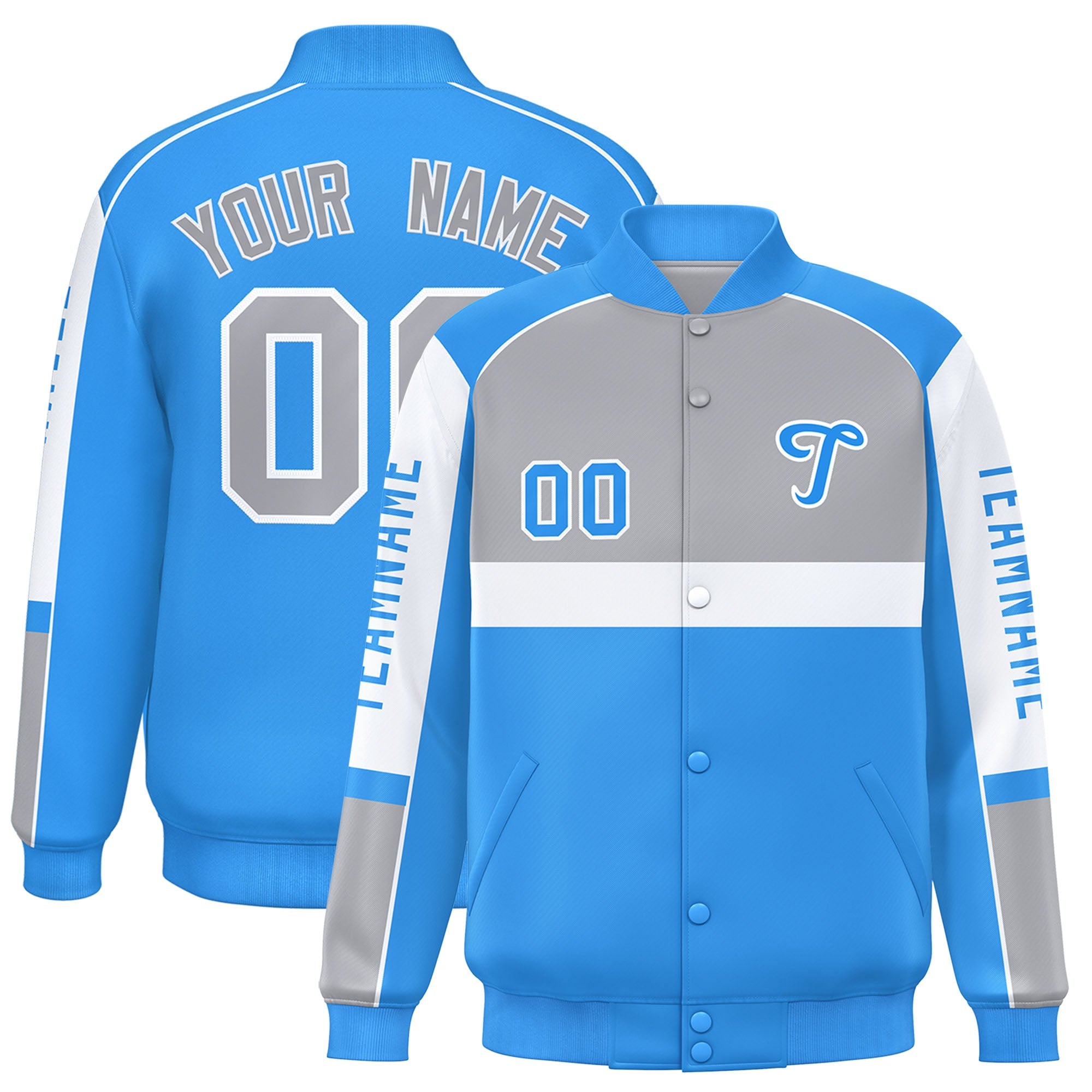 Custom Gray Powder Blue Varsity Full-Snap Raglan Sleeves Letterman Jacket