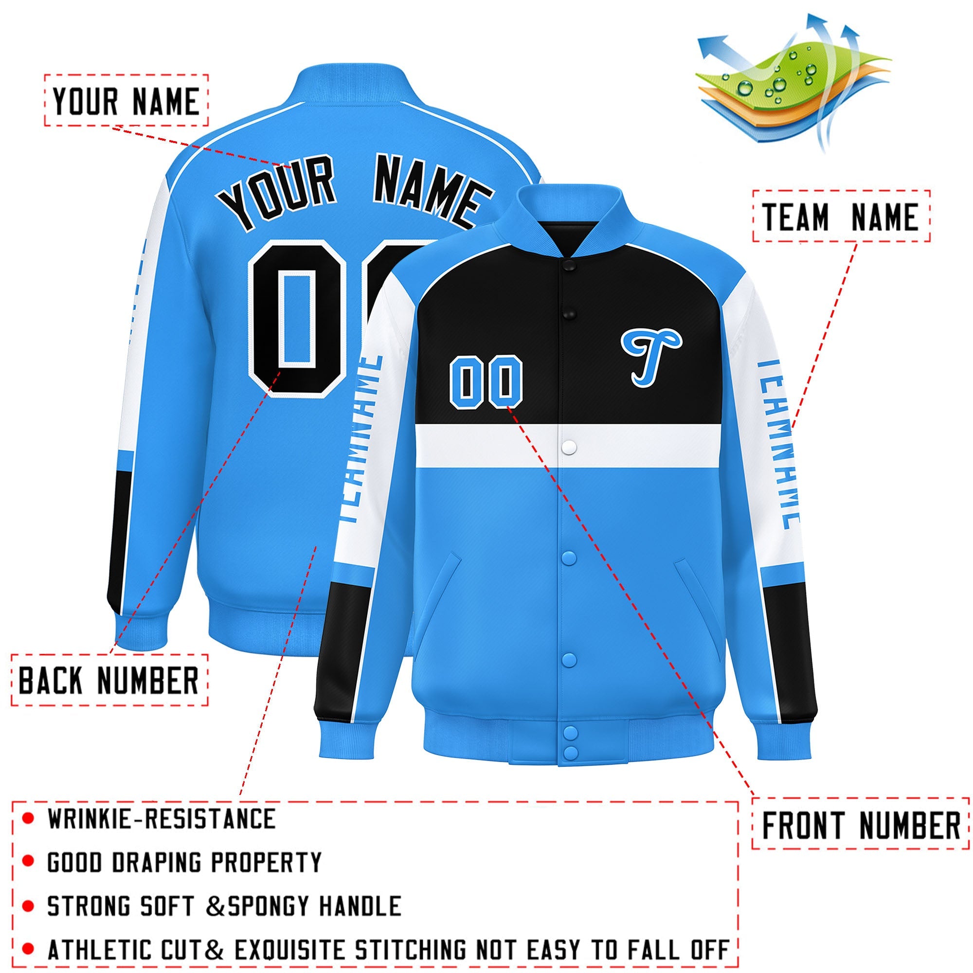 Custom Black Powder Blue Varsity Full-Snap Raglan Sleeves Letterman Jacket