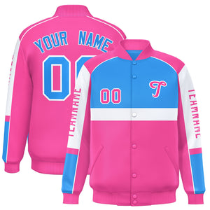 Custom Powder Blue Pink Varsity Full-Snap Raglan Sleeves Letterman Jacket