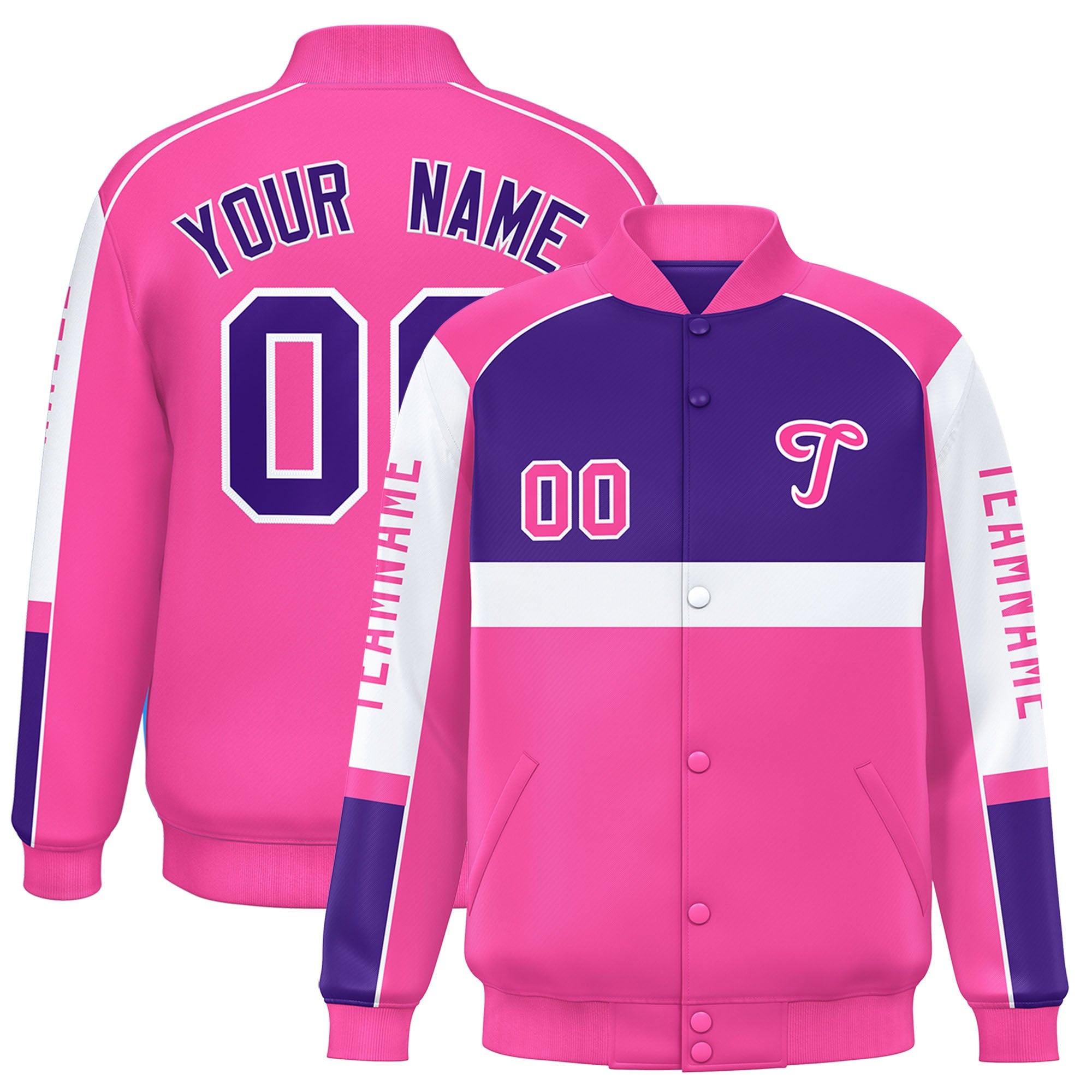 Custom Purple Pink Varsity Full-Snap Raglan Sleeves Letterman Jacket