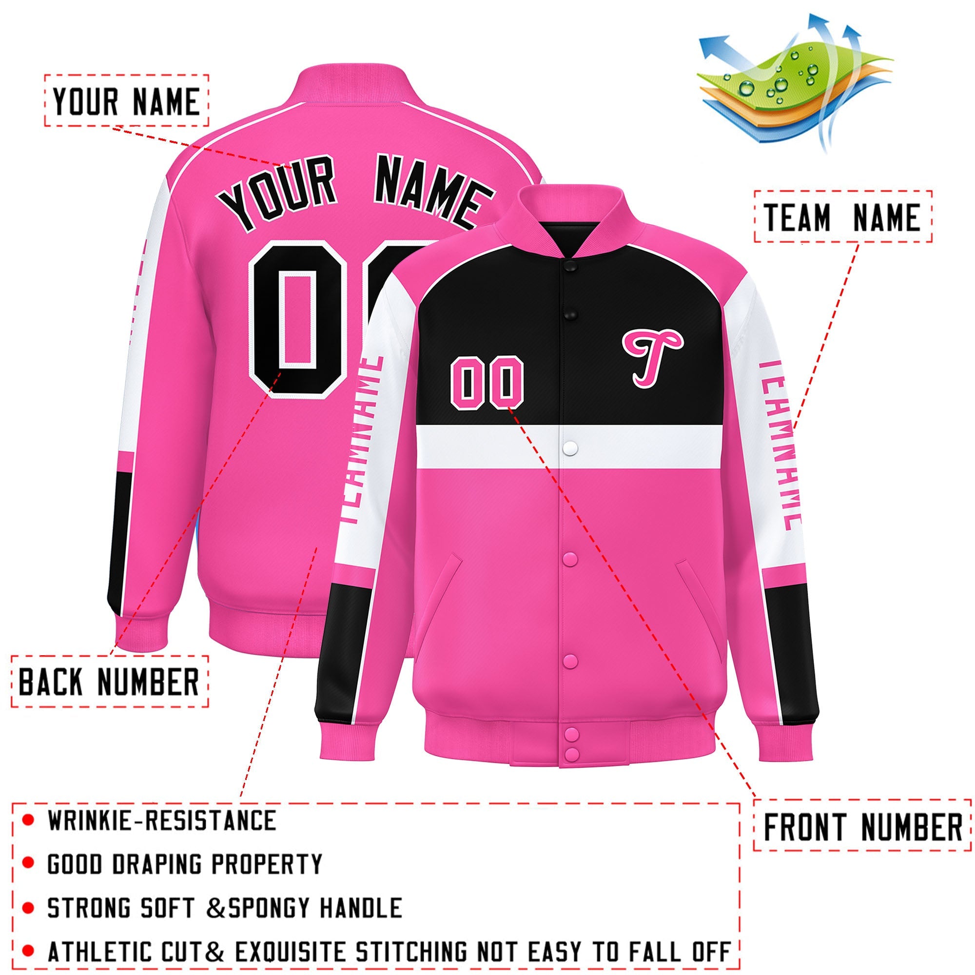 Custom Black Pink Varsity Full-Snap Raglan Sleeves Letterman Jacket