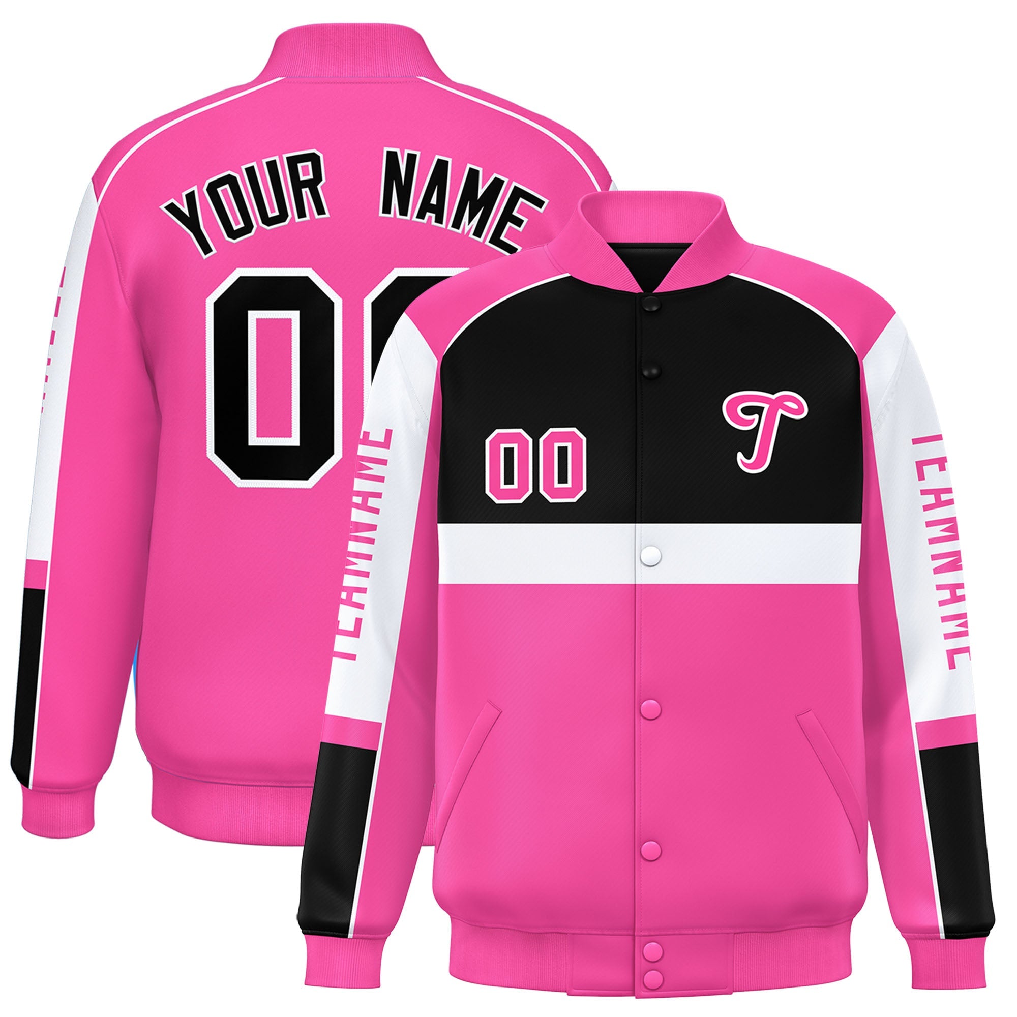 Custom Black Pink Varsity Full-Snap Raglan Sleeves Letterman Jacket