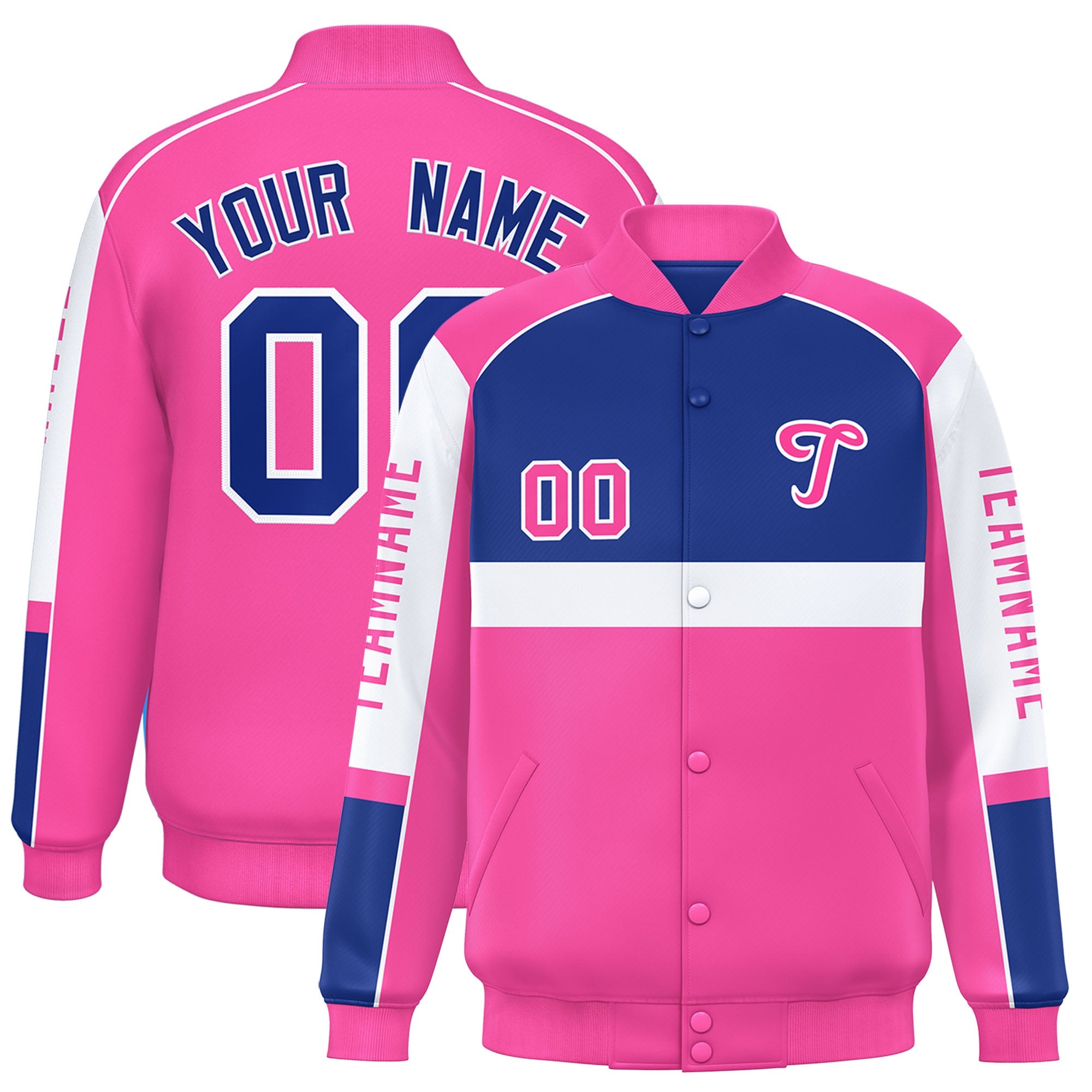 Custom Royal Pink Varsity Full-Snap Raglan Sleeves Letterman Jacket