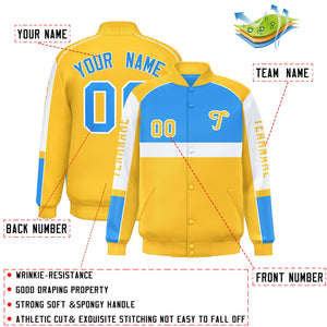 Custom Powder Blue Yellow Varsity Full-Snap Raglan Sleeves Letterman Jacket