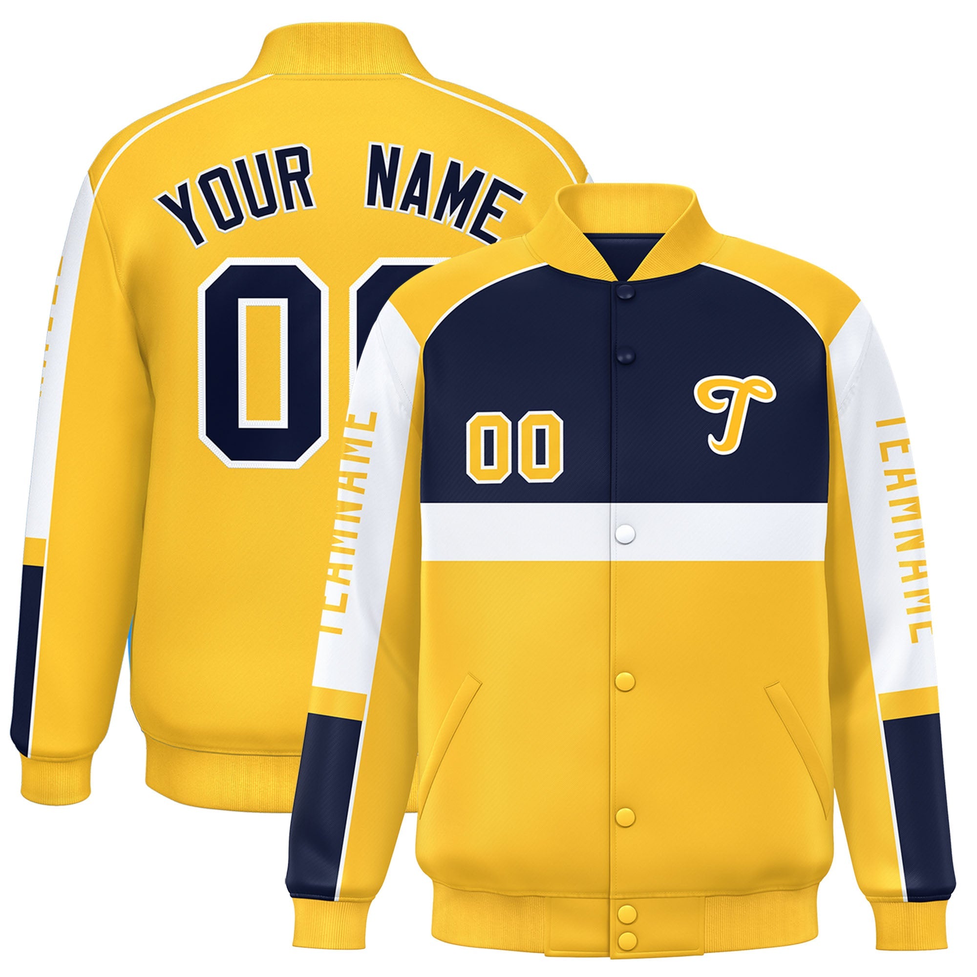 Custom Navy Yellow Varsity Full-Snap Raglan Sleeves Letterman Jacket