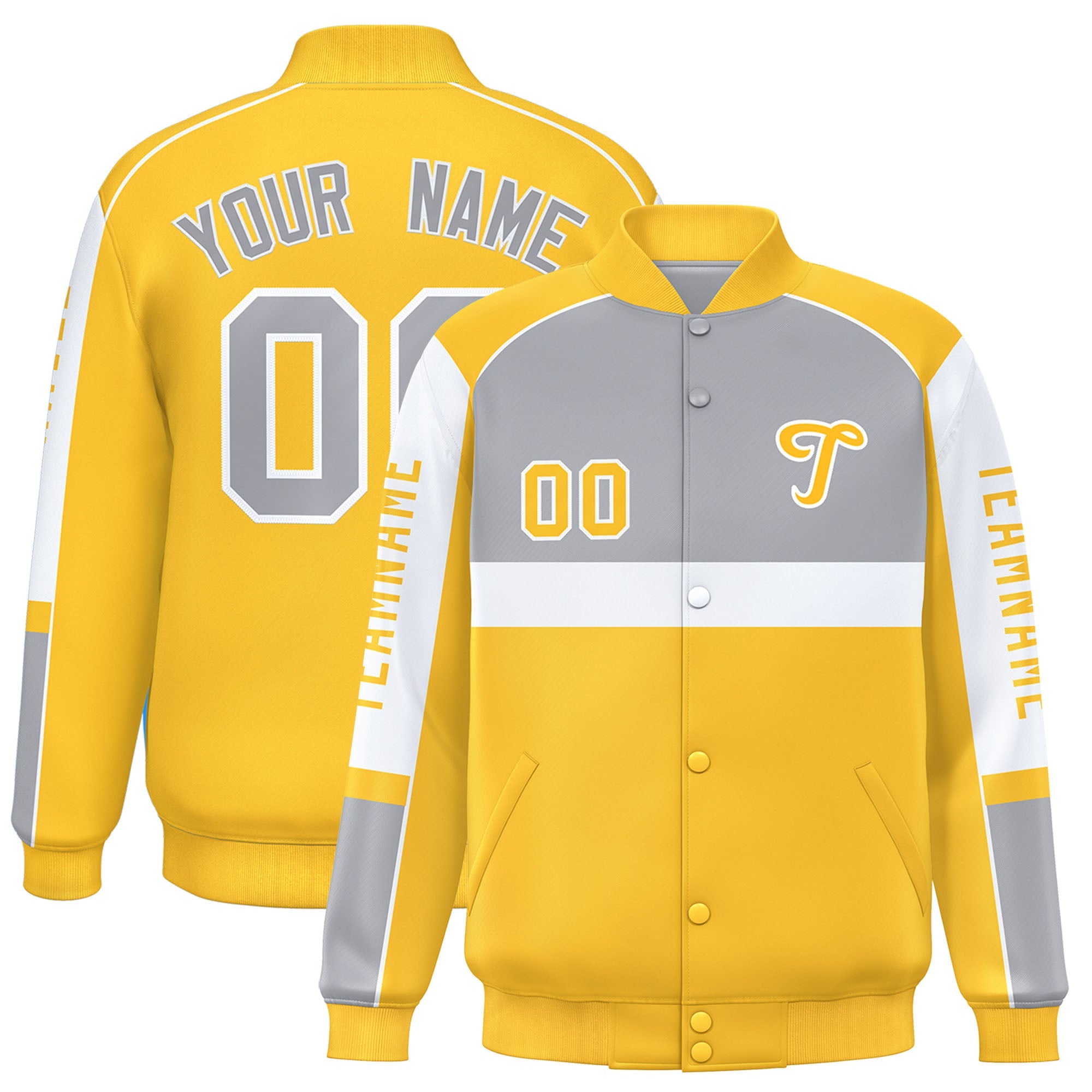 Custom Gray Yellow Varsity Full-Snap Raglan Sleeves Letterman Jacket