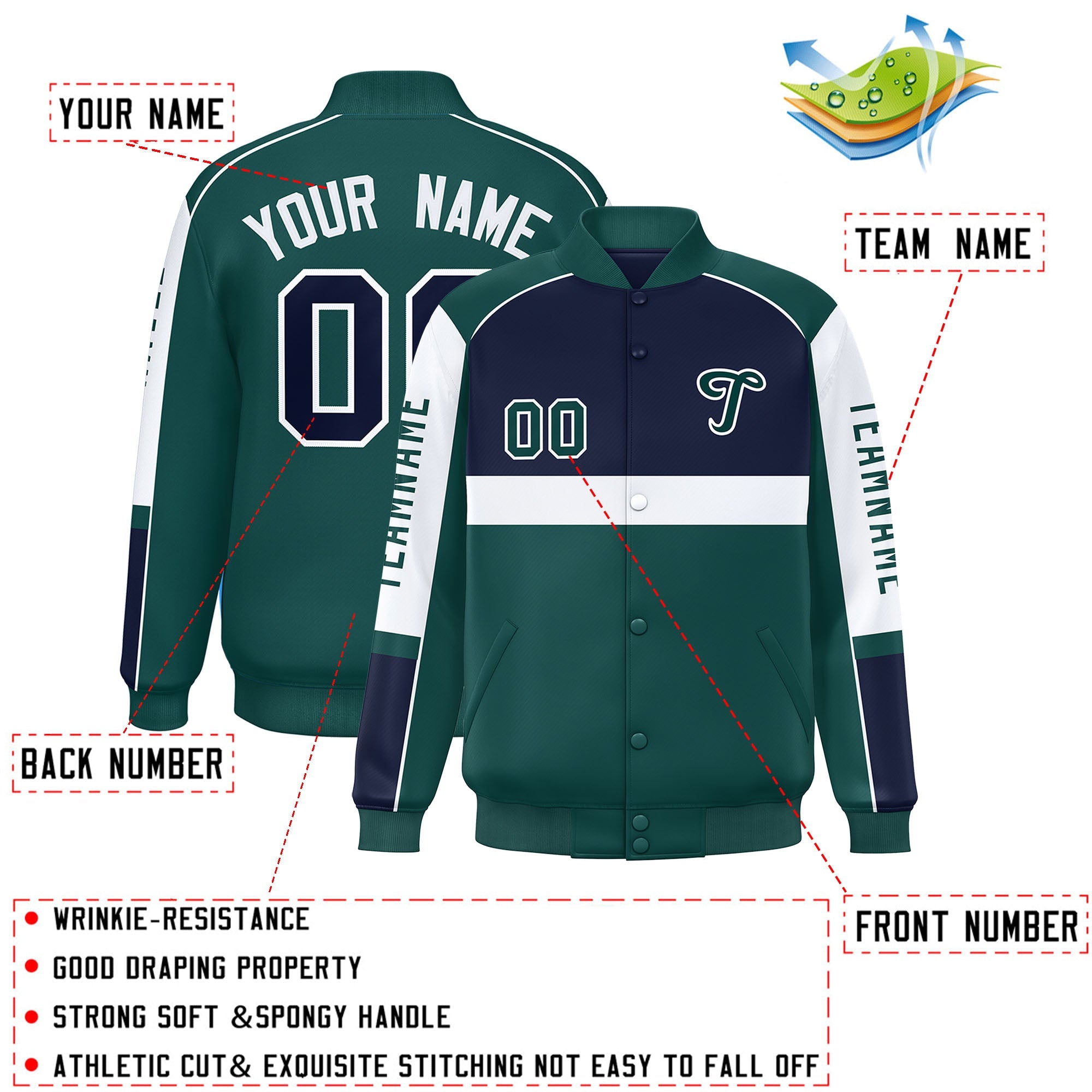 Custom Navy Midnight Green Varsity Full-Snap Raglan Sleeves Letterman Jacket