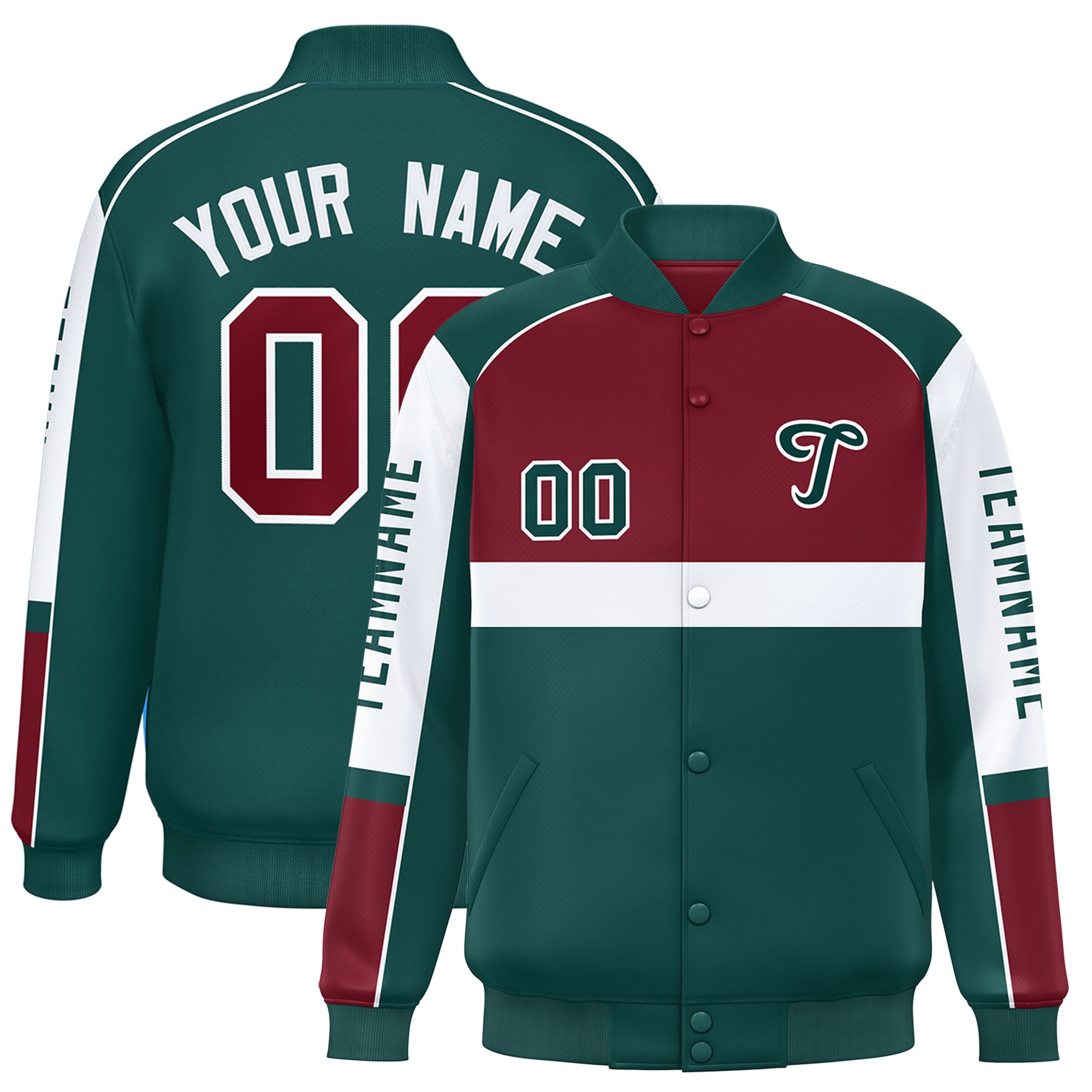 Custom Crimson Midnight Green Varsity Full-Snap Raglan Sleeves Letterman Jacket