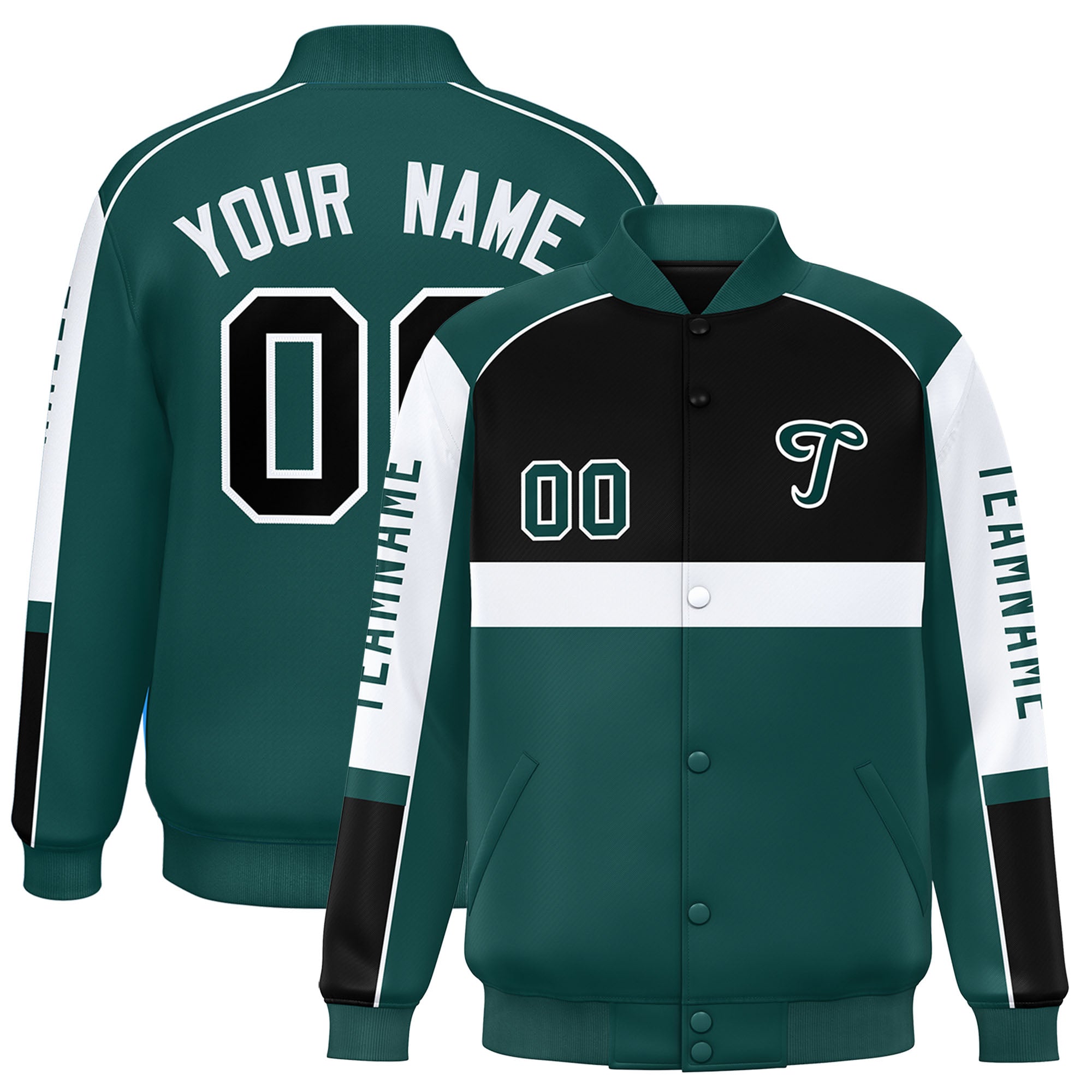 Custom Black Midnight Green Varsity Full-Snap Raglan Sleeves Letterman Jacket