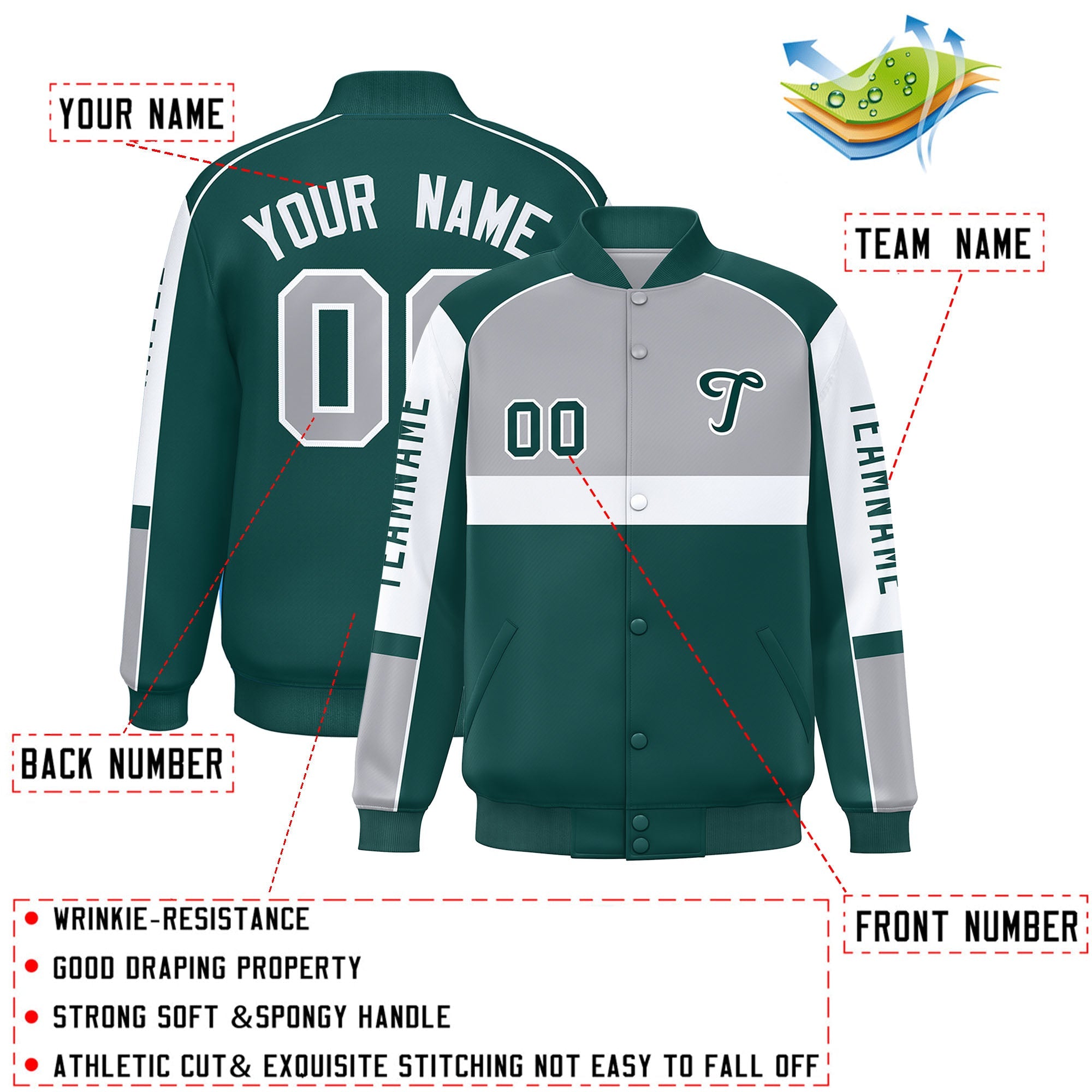 Custom Gray Midnight Green Varsity Full-Snap Raglan Sleeves Letterman Jacket