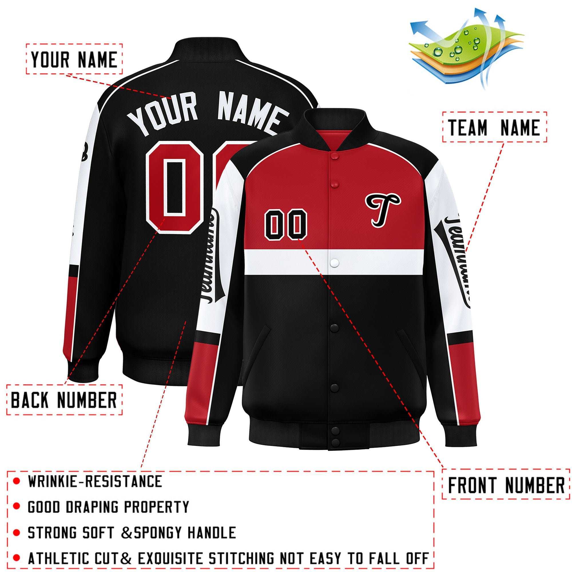 Custom Red Black Varsity Full-Snap Raglan Sleeves Letterman Jacket