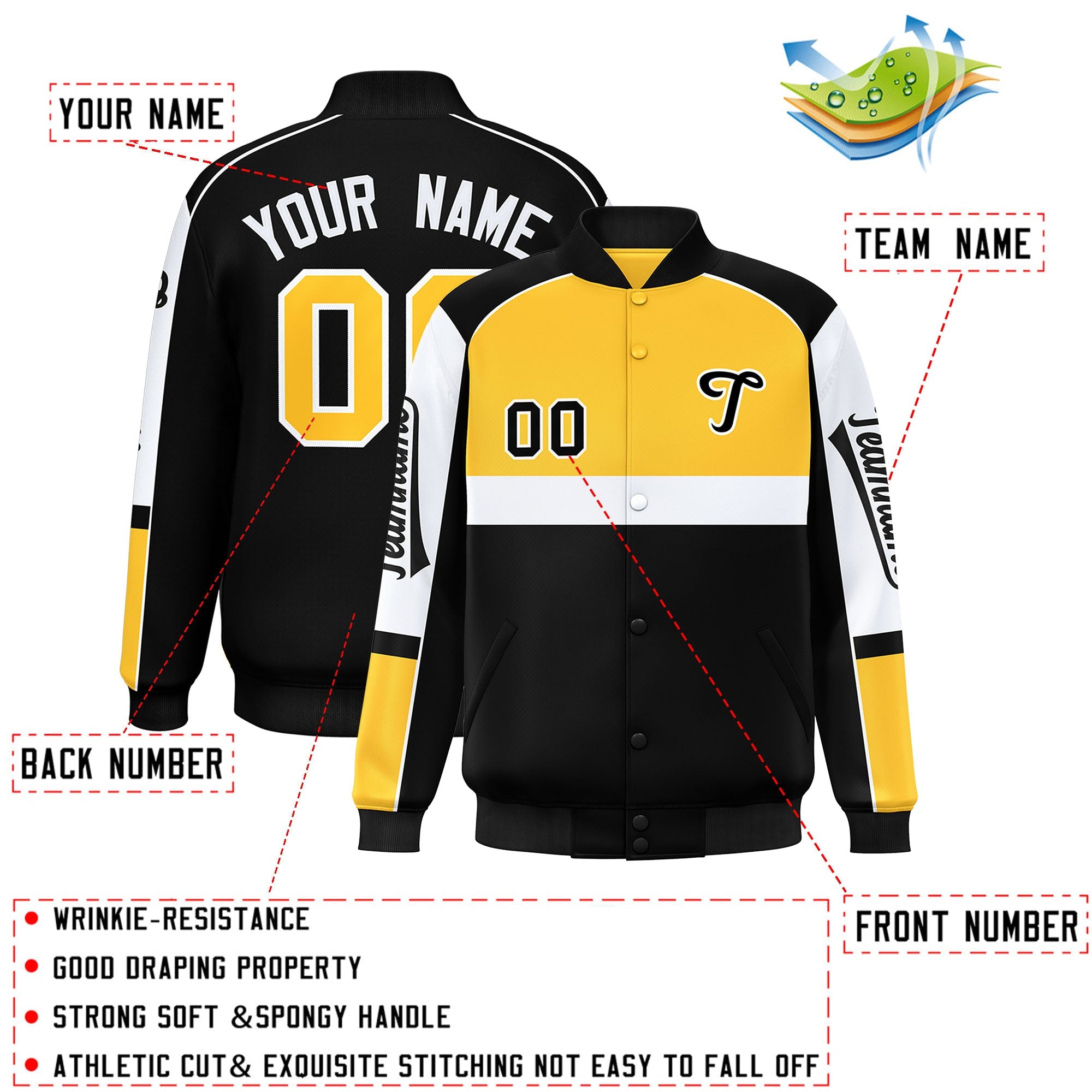 Custom Yellow Black Varsity Full-Snap Raglan Sleeves Letterman Jacket