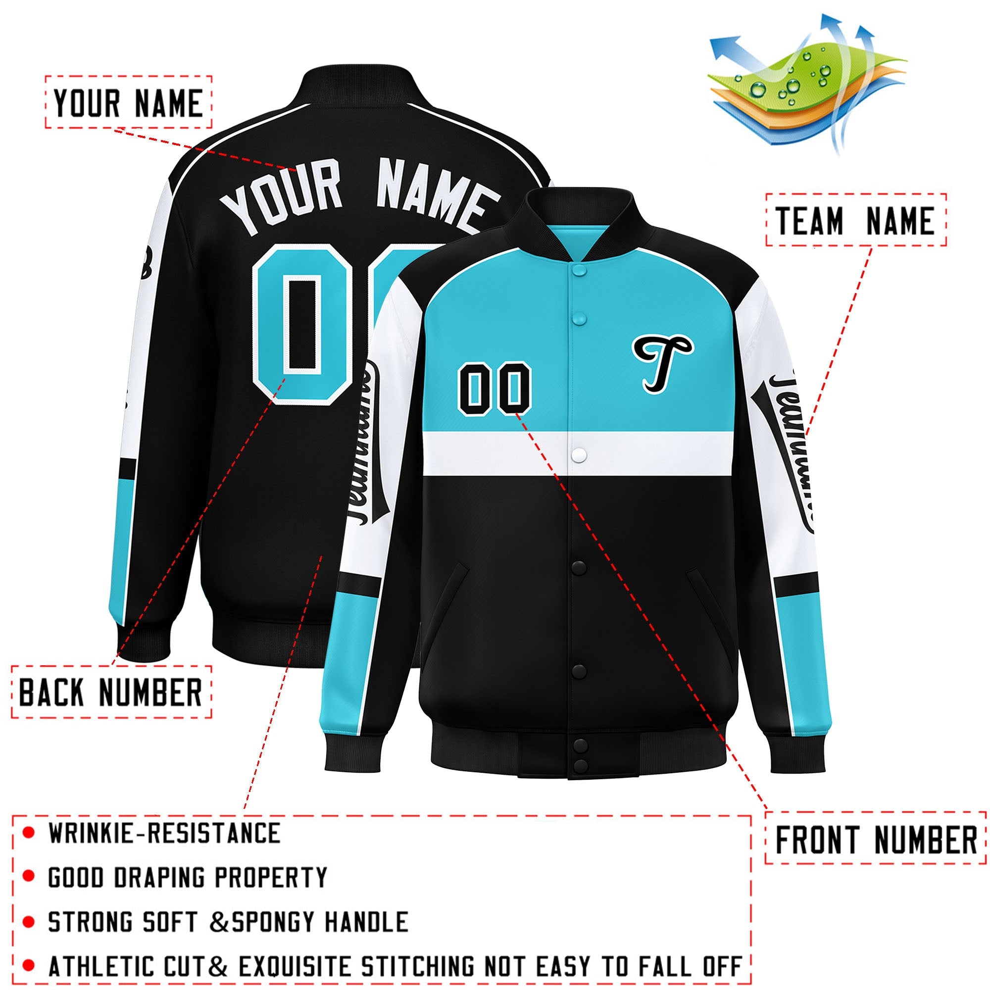 Custom Sky Blue Black Varsity Full-Snap Raglan Sleeves Letterman Jacket