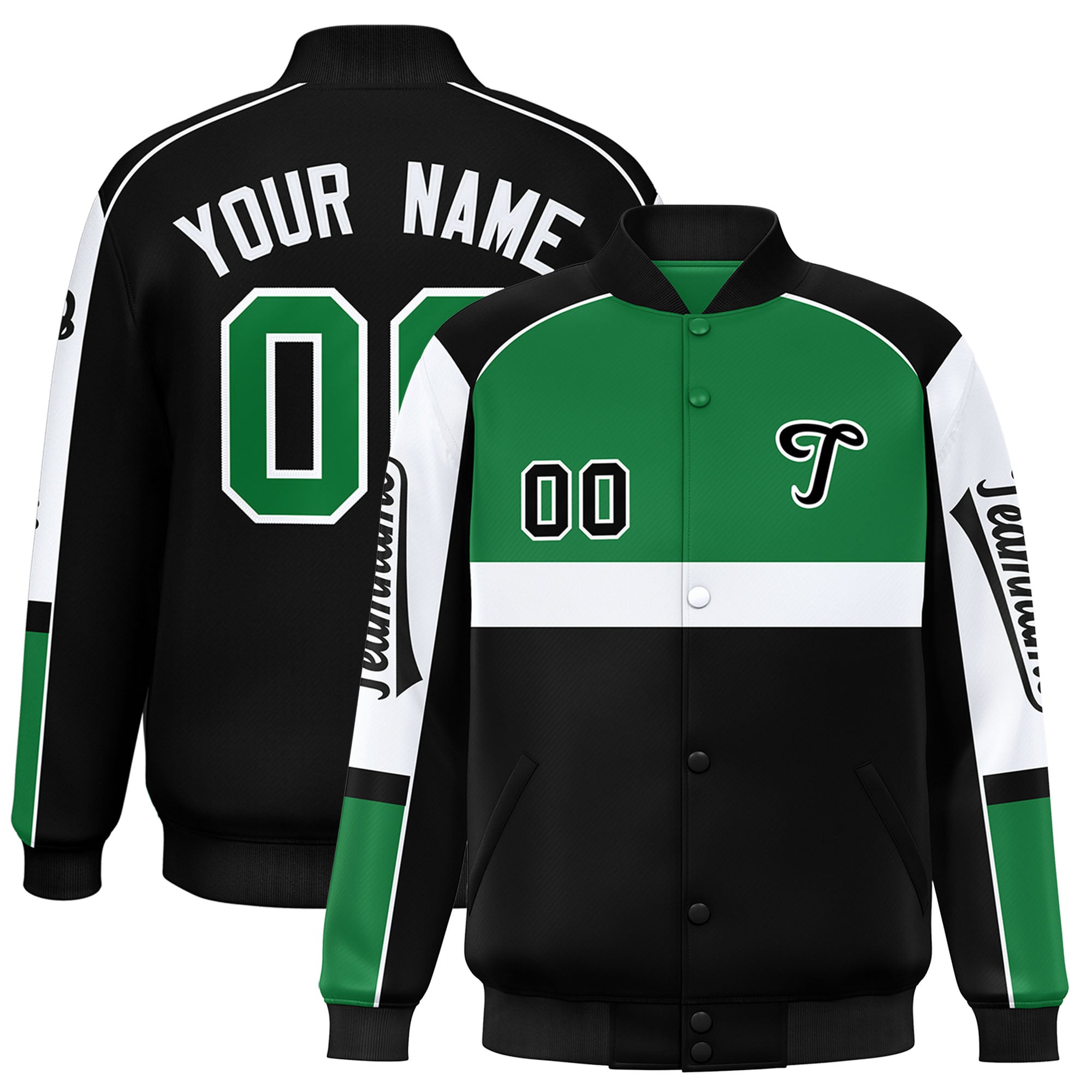 Custom Kelly Green Black Varsity Full-Snap Raglan Sleeves Letterman Jacket