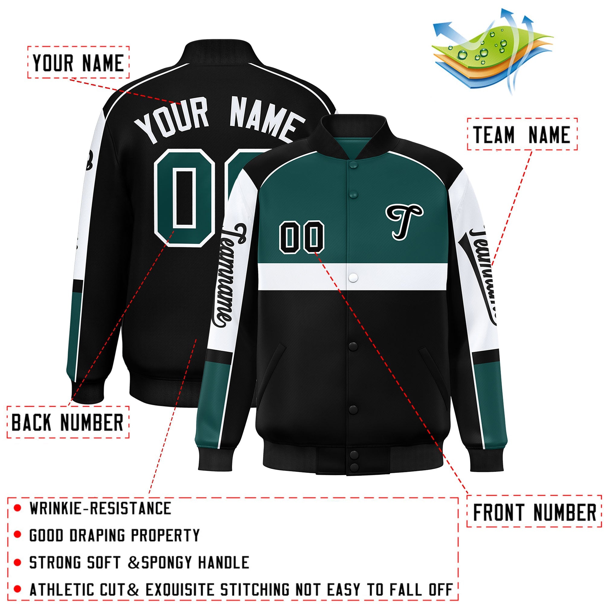 Custom Midnight Green Black Varsity Full-Snap Raglan Sleeves Letterman Jacket