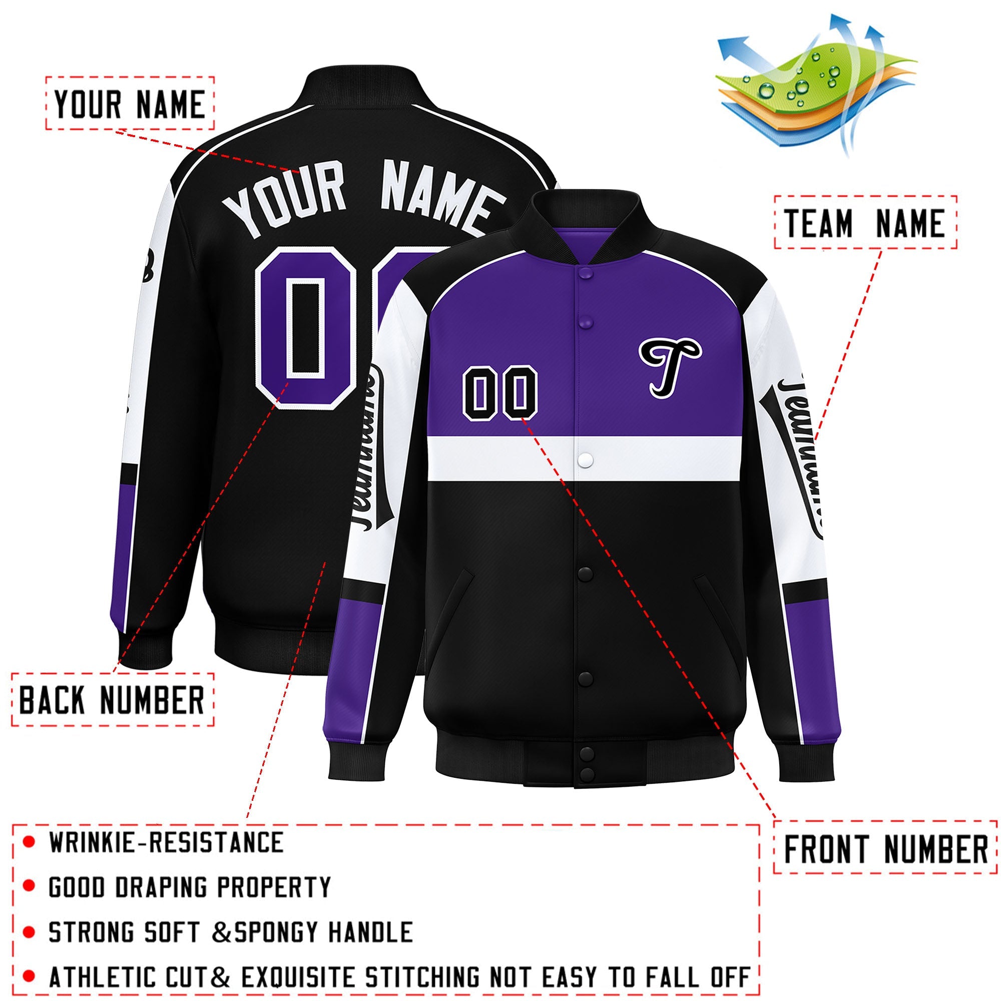 Custom Purple Black Varsity Full-Snap Raglan Sleeves Letterman Jacket