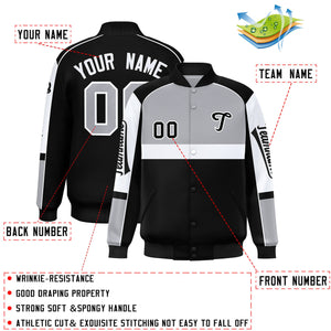 Custom Gray Black Varsity Full-Snap Raglan Sleeves Letterman Jacket