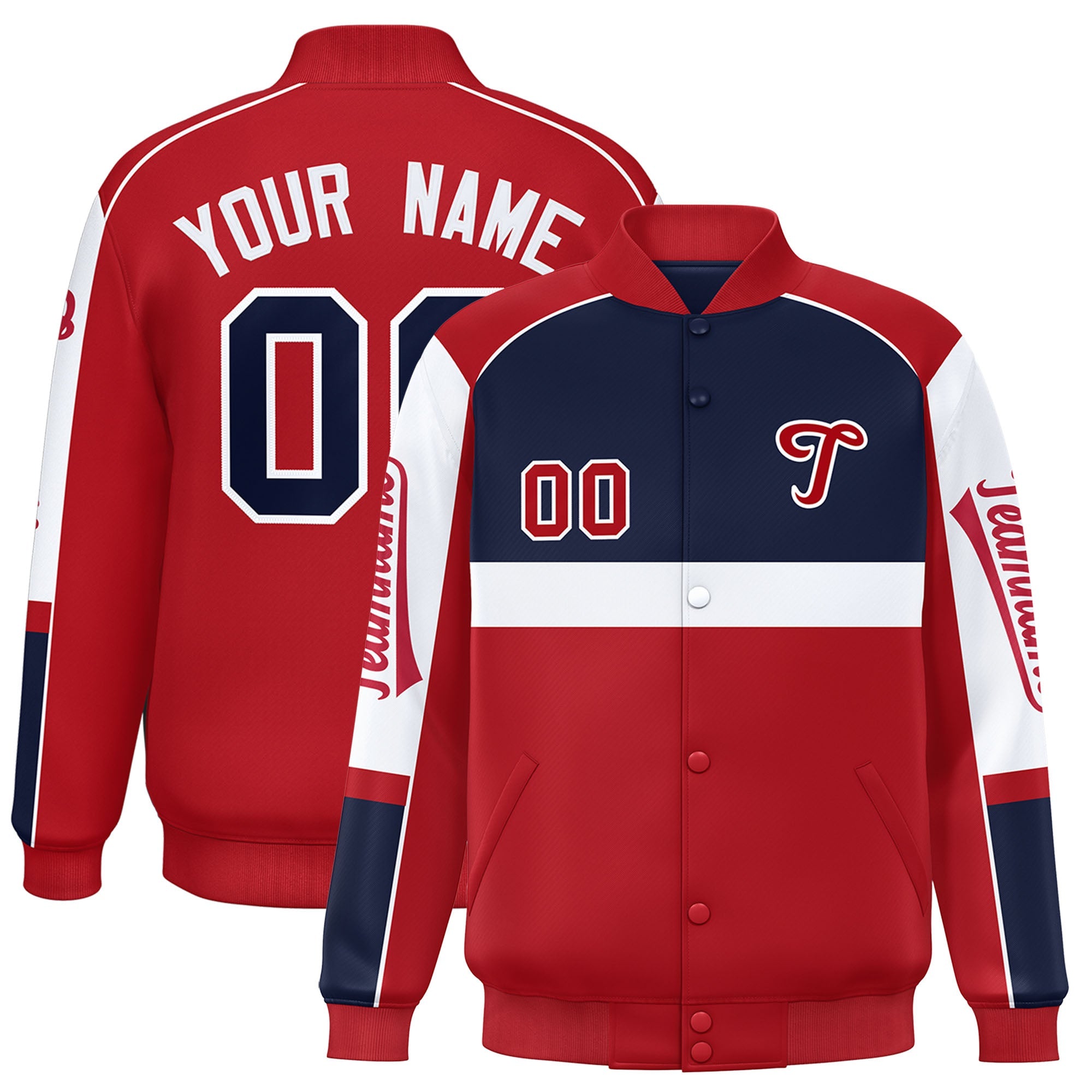 Custom Navy Red Varsity Full-Snap Raglan Sleeves Letterman Jacket