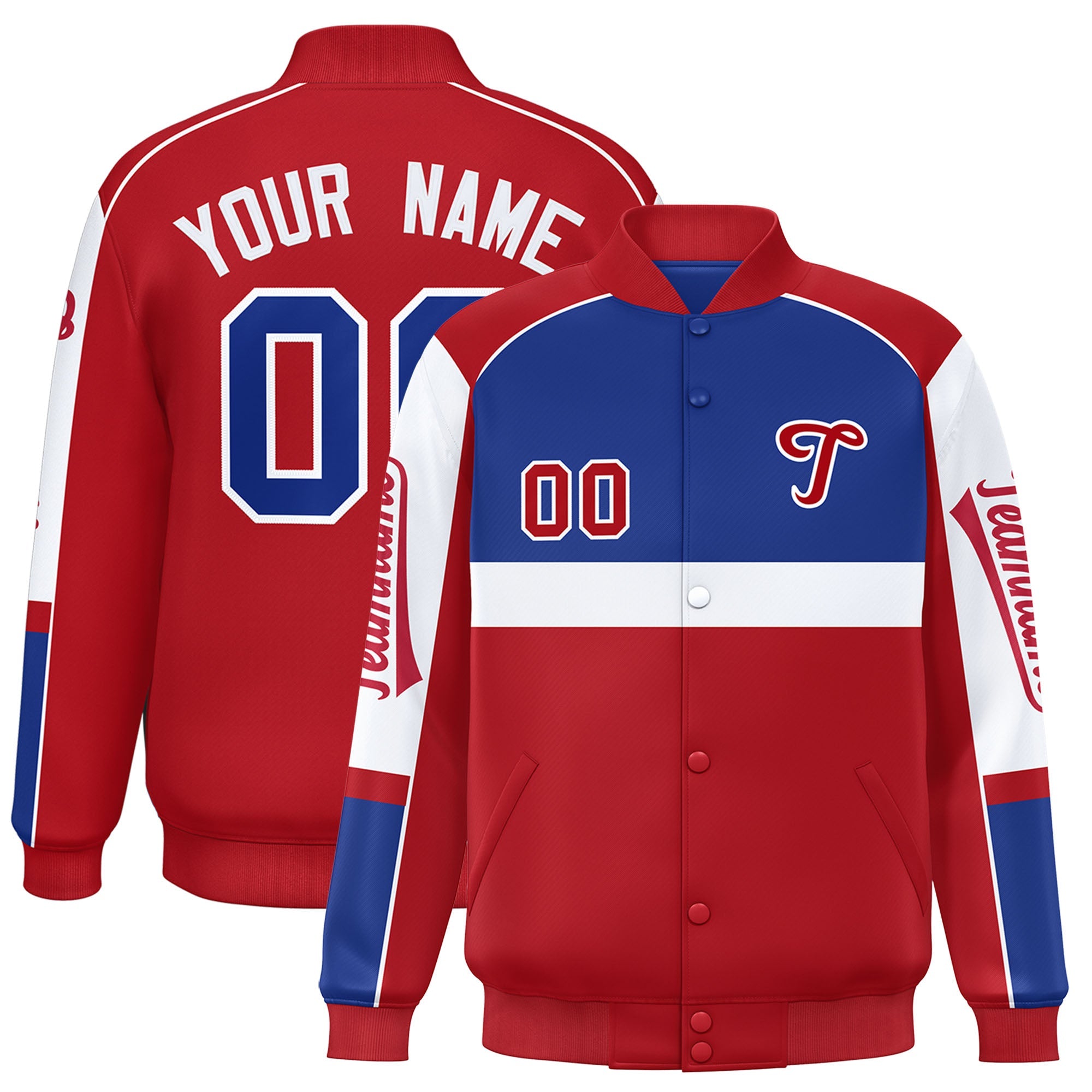 Custom Royal Red Varsity Full-Snap Raglan Sleeves Letterman Jacket