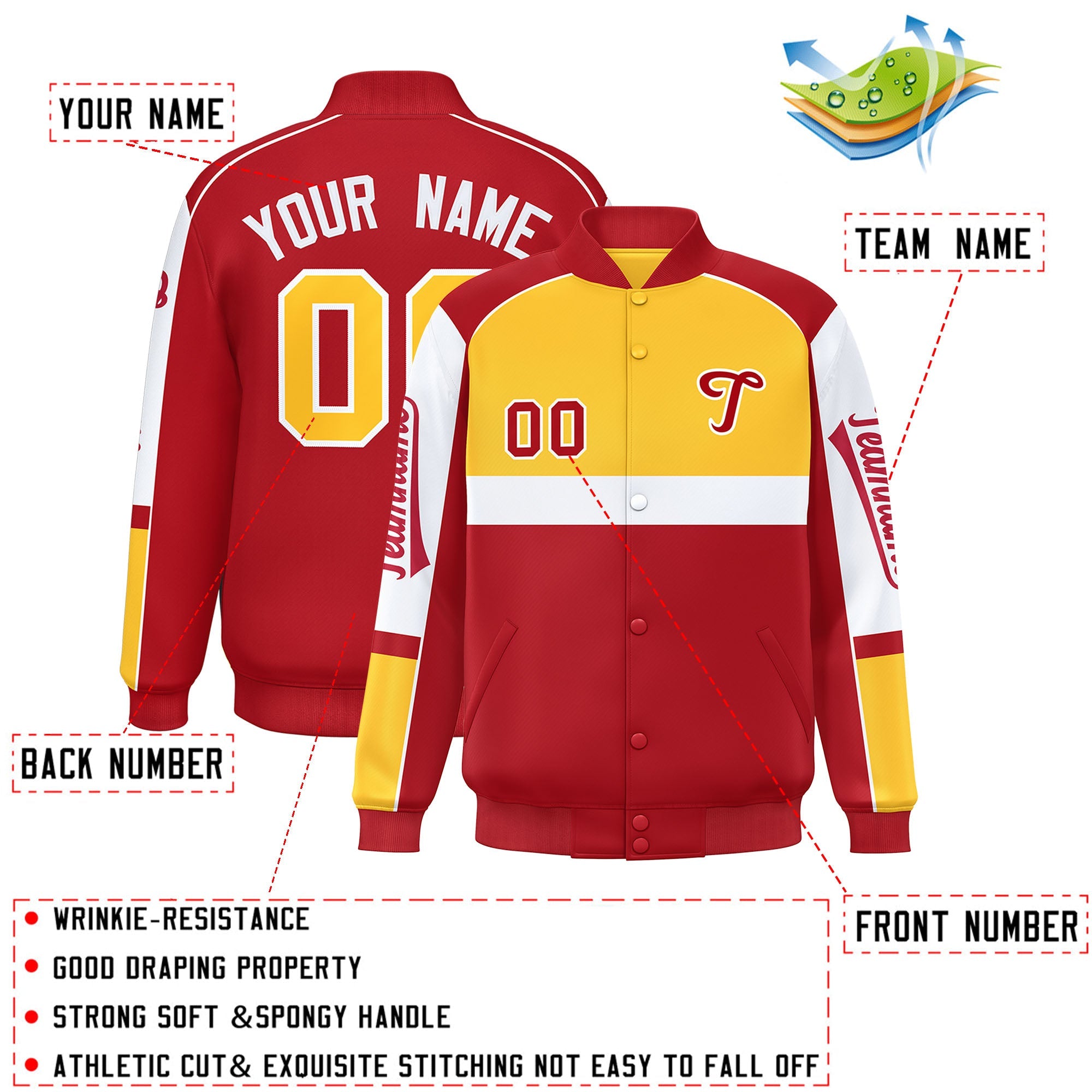 Custom Yellow Red Varsity Full-Snap Raglan Sleeves Letterman Jacket