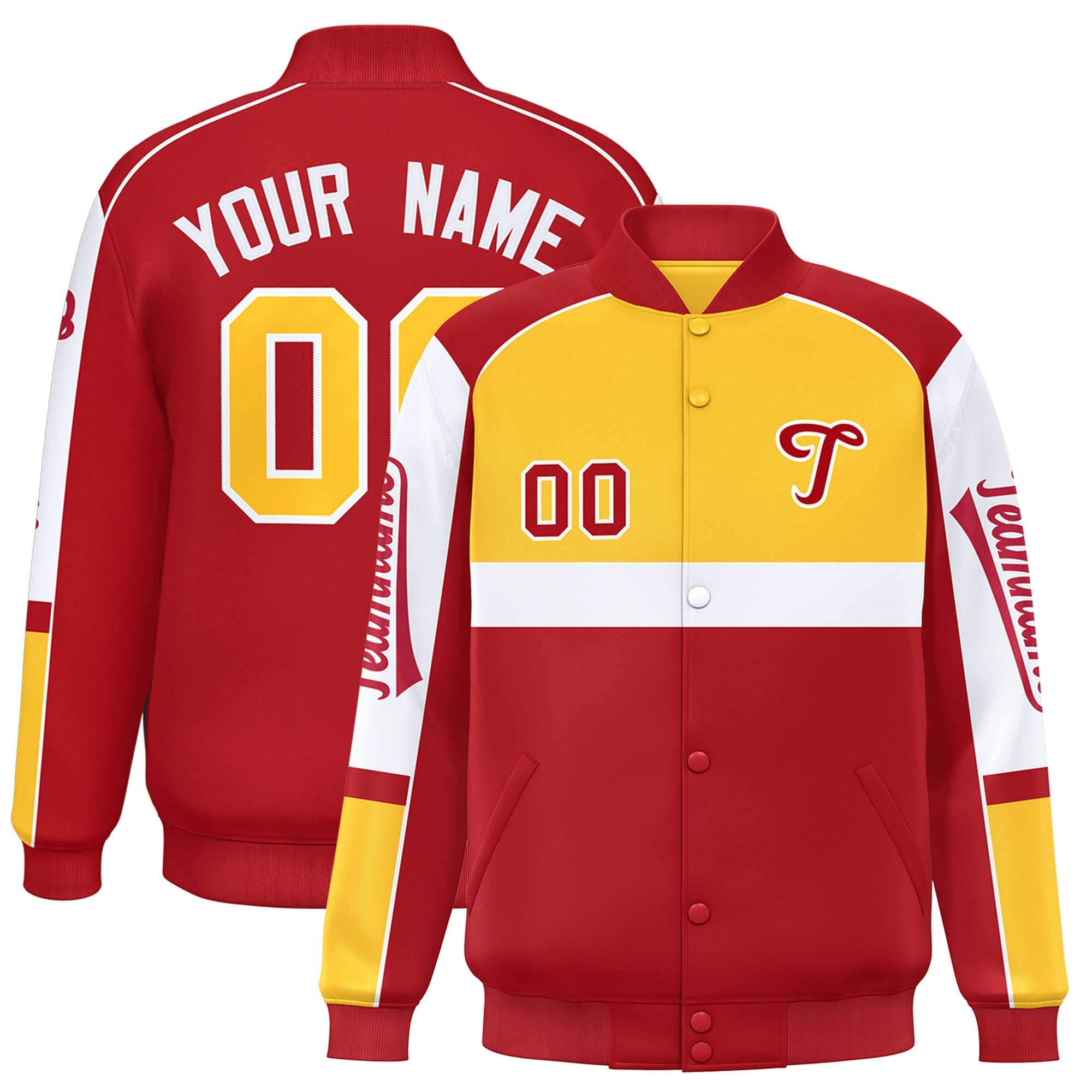 Custom Yellow Red Varsity Full-Snap Raglan Sleeves Letterman Jacket