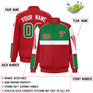 Custom Kelly Green Red Varsity Full-Snap Raglan Sleeves Letterman Jacket