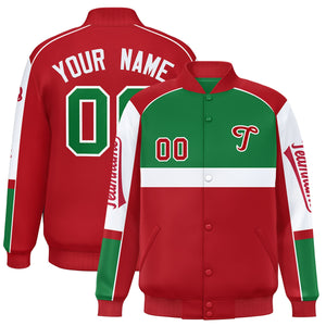 Custom Kelly Green Red Varsity Full-Snap Raglan Sleeves Letterman Jacket