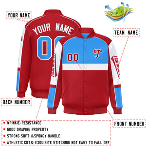 Custom Powder Blue Red Varsity Full-Snap Raglan Sleeves Letterman Jacket