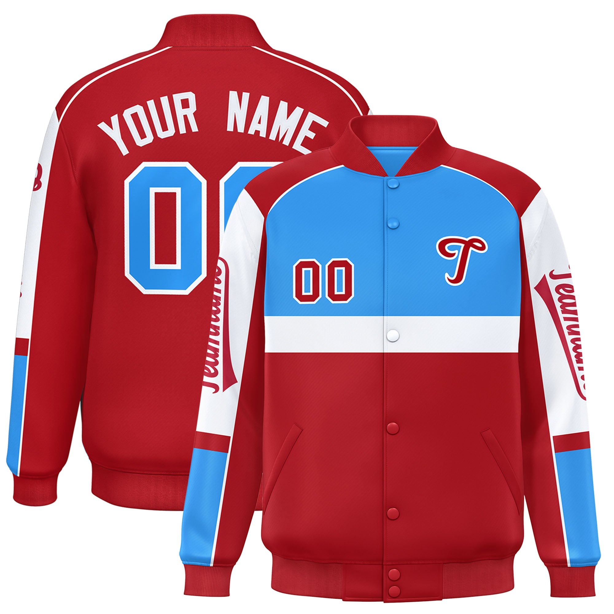 Custom Powder Blue Red Varsity Full-Snap Raglan Sleeves Letterman Jacket