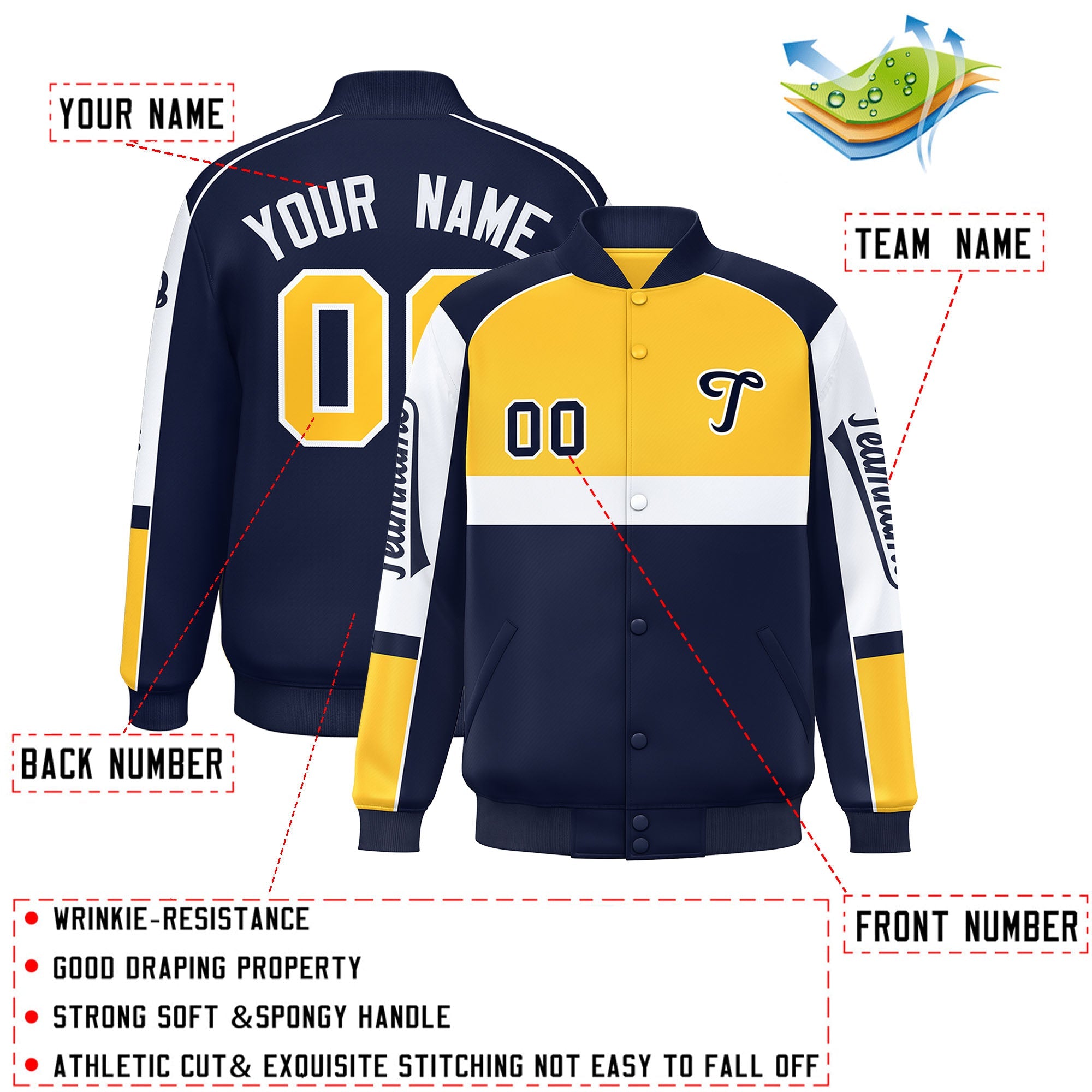 Custom Yellow Navy Varsity Full-Snap Raglan Sleeves Letterman Jacket