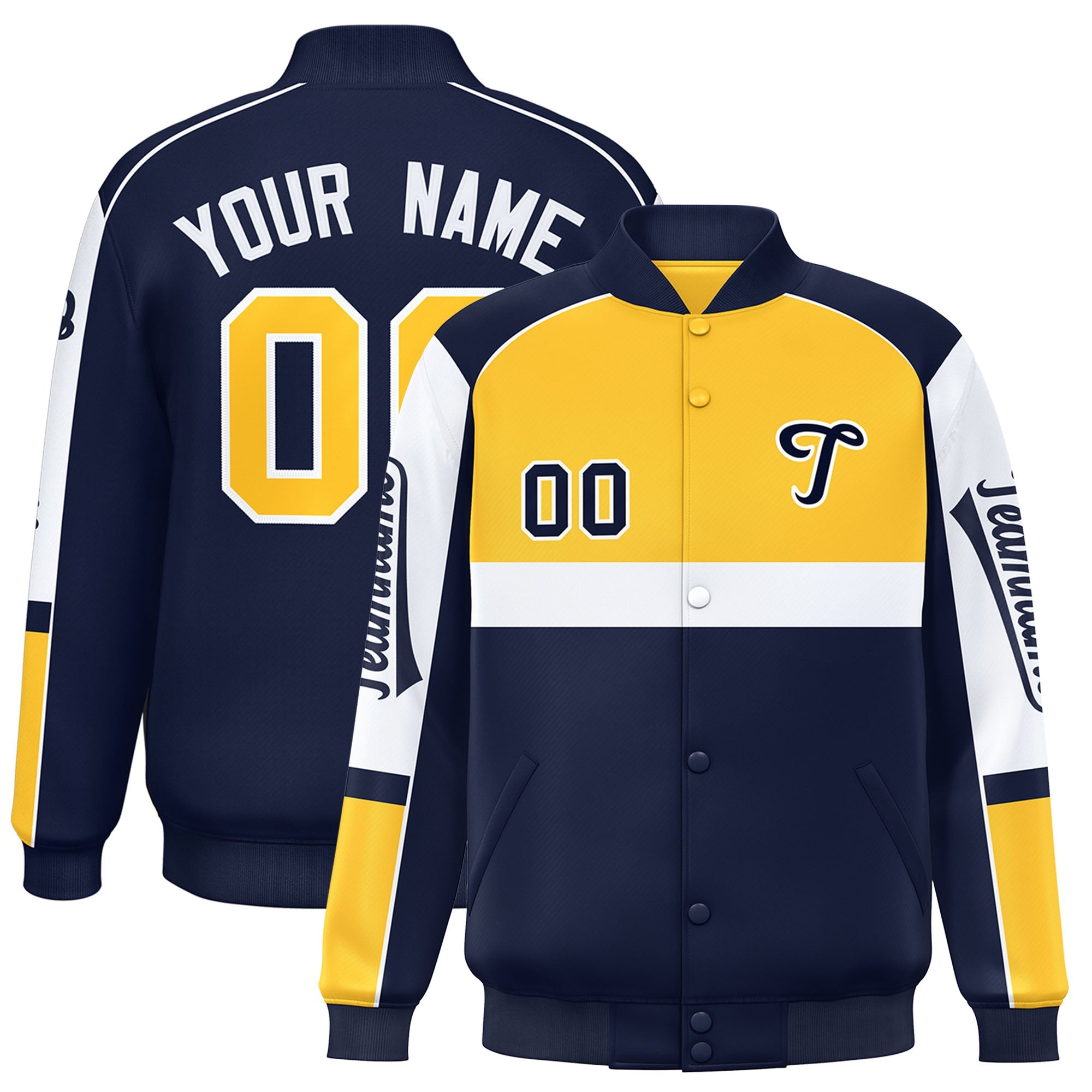 Custom Yellow Navy Varsity Full-Snap Raglan Sleeves Letterman Jacket