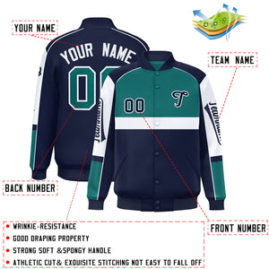 Custom Aqua Navy Varsity Full-Snap Raglan Sleeves Letterman Jacket