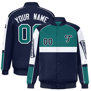 Custom Aqua Navy Varsity Full-Snap Raglan Sleeves Letterman Jacket