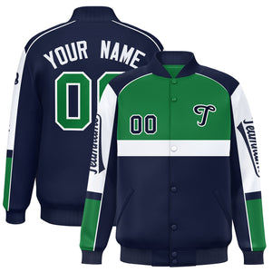 Custom Kelly Green Navy Varsity Full-Snap Raglan Sleeves Letterman Jacket