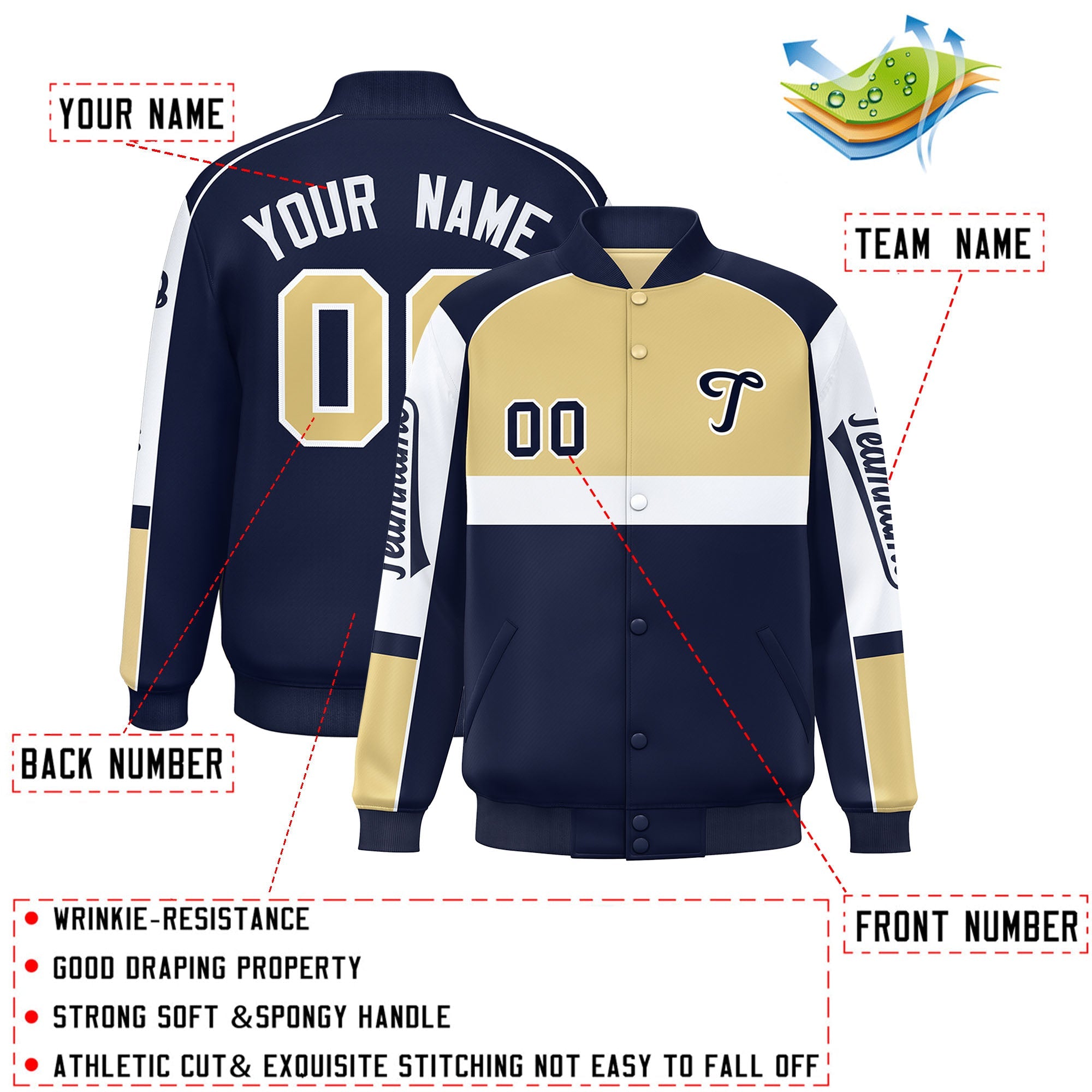 Custom Khaki Navy Varsity Full-Snap Raglan Sleeves Letterman Jacket