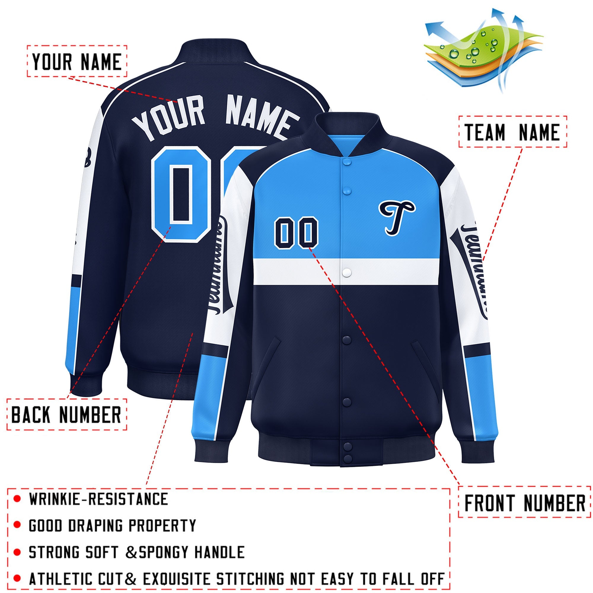 Custom Powder Blue Navy Varsity Full-Snap Raglan Sleeves Letterman Jacket